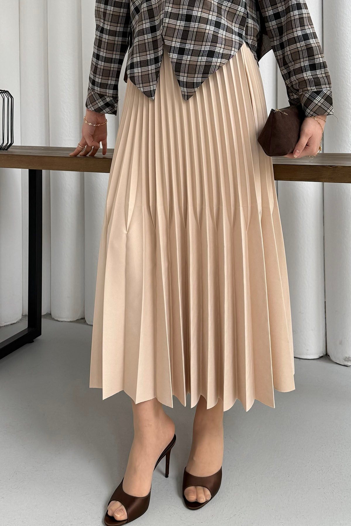 Çift Pilise Detaylı Tesettür Uzun Etek-TAŞ