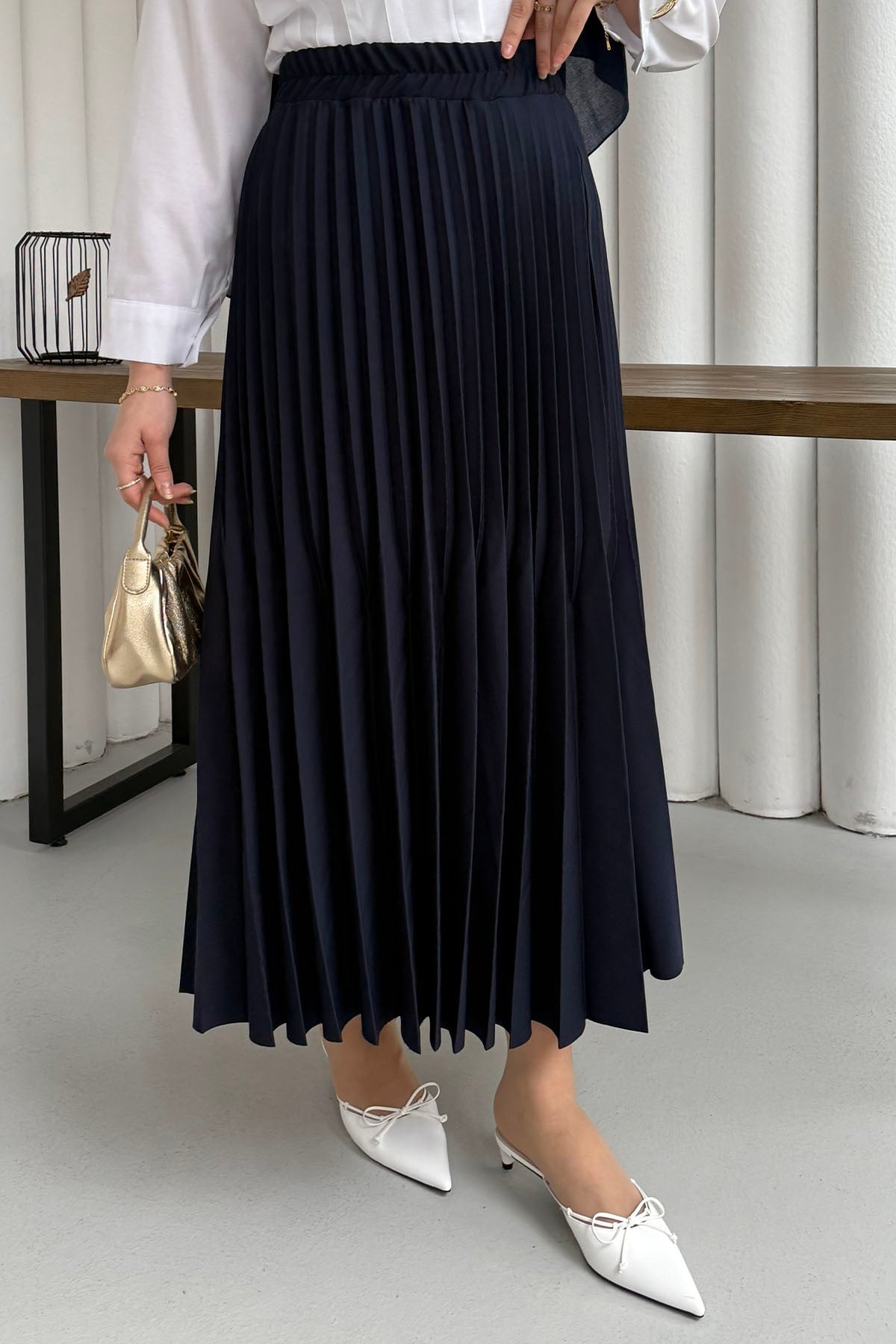 Çift Pilise Detaylı Tesettür Uzun Etek-LACİVERT