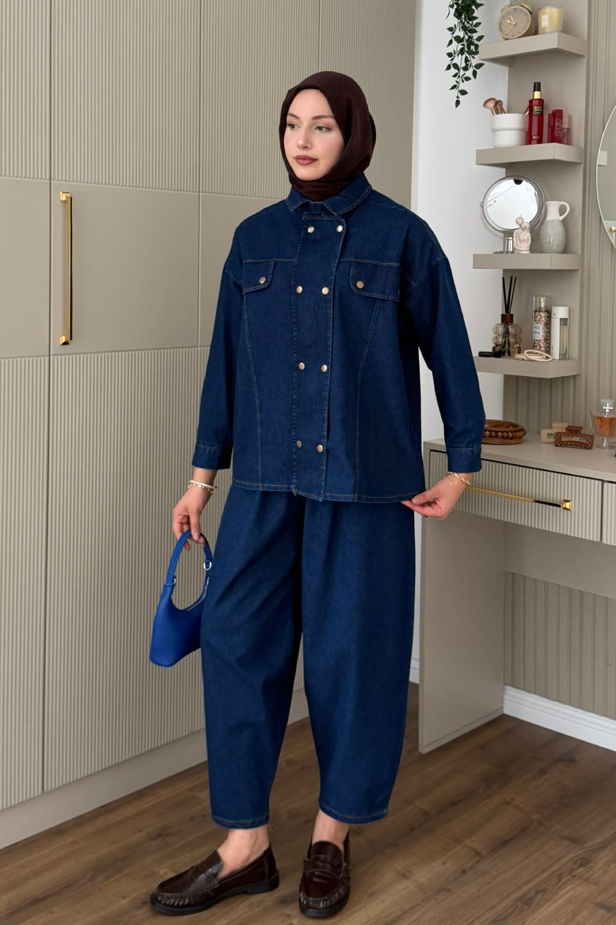 Çift Sıra Düğmeli Havuç Kesim Pantolonlu Denim Takım-KOYU MAVİ