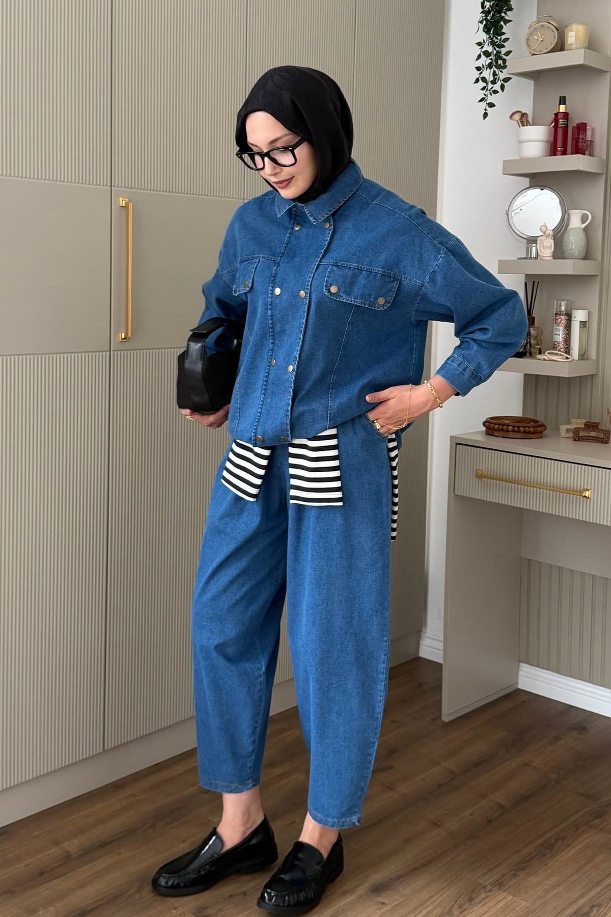 Çift Sıra Düğmeli Havuç Kesim Pantolonlu Denim Takım-AÇIK MAVİ