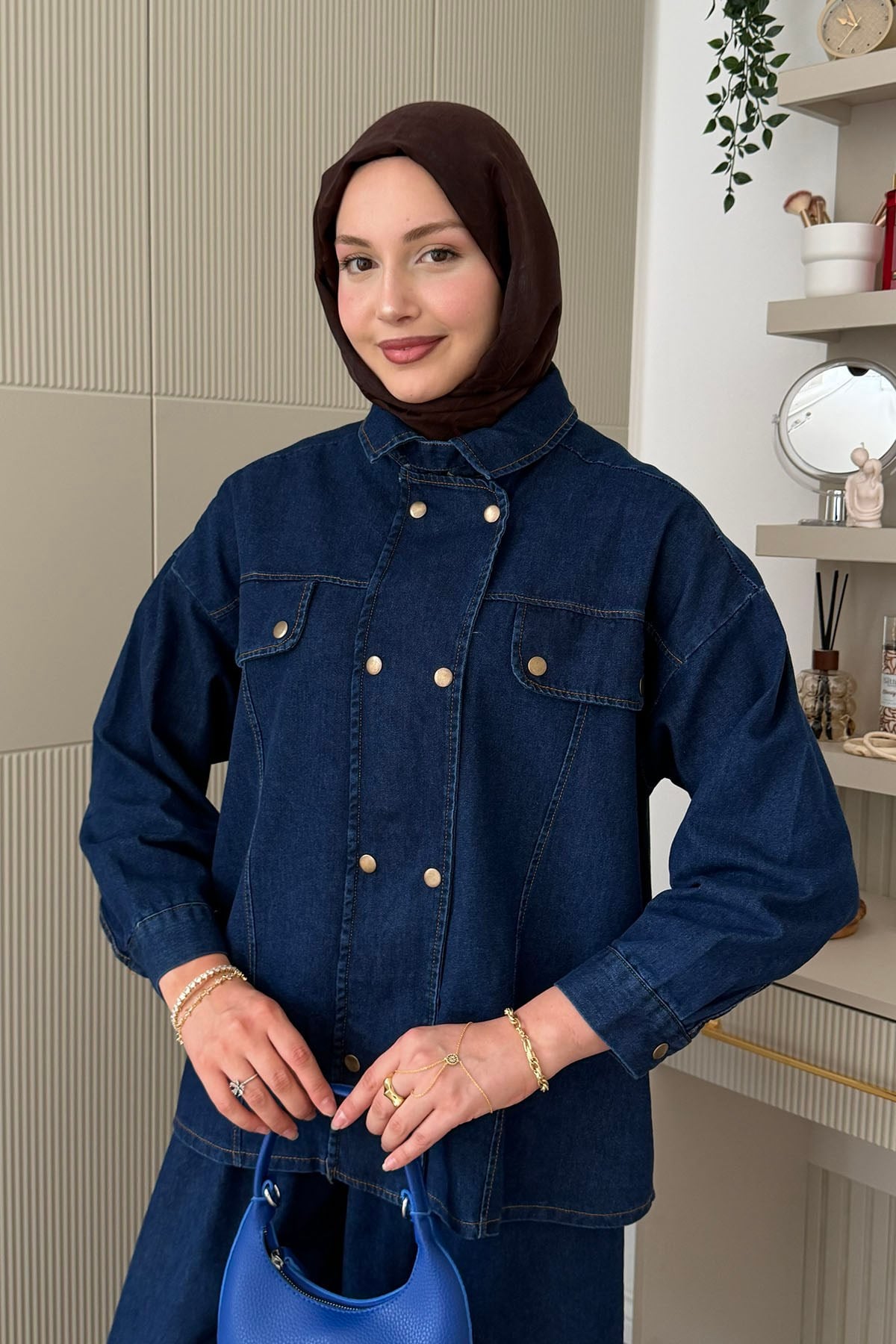 Çift Sıra Düğmeli Havuç Kesim Pantolonlu Denim Takım-KOYU MAVİ