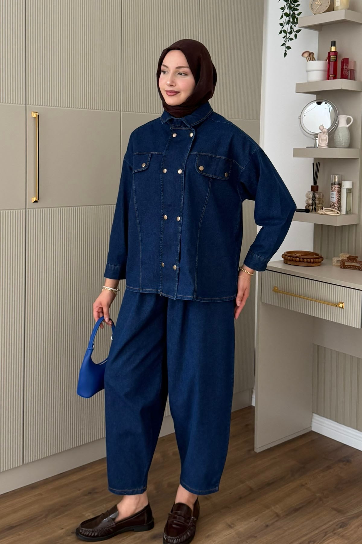 Çift Sıra Düğmeli Havuç Kesim Pantolonlu Denim Takım-KOYU MAVİ