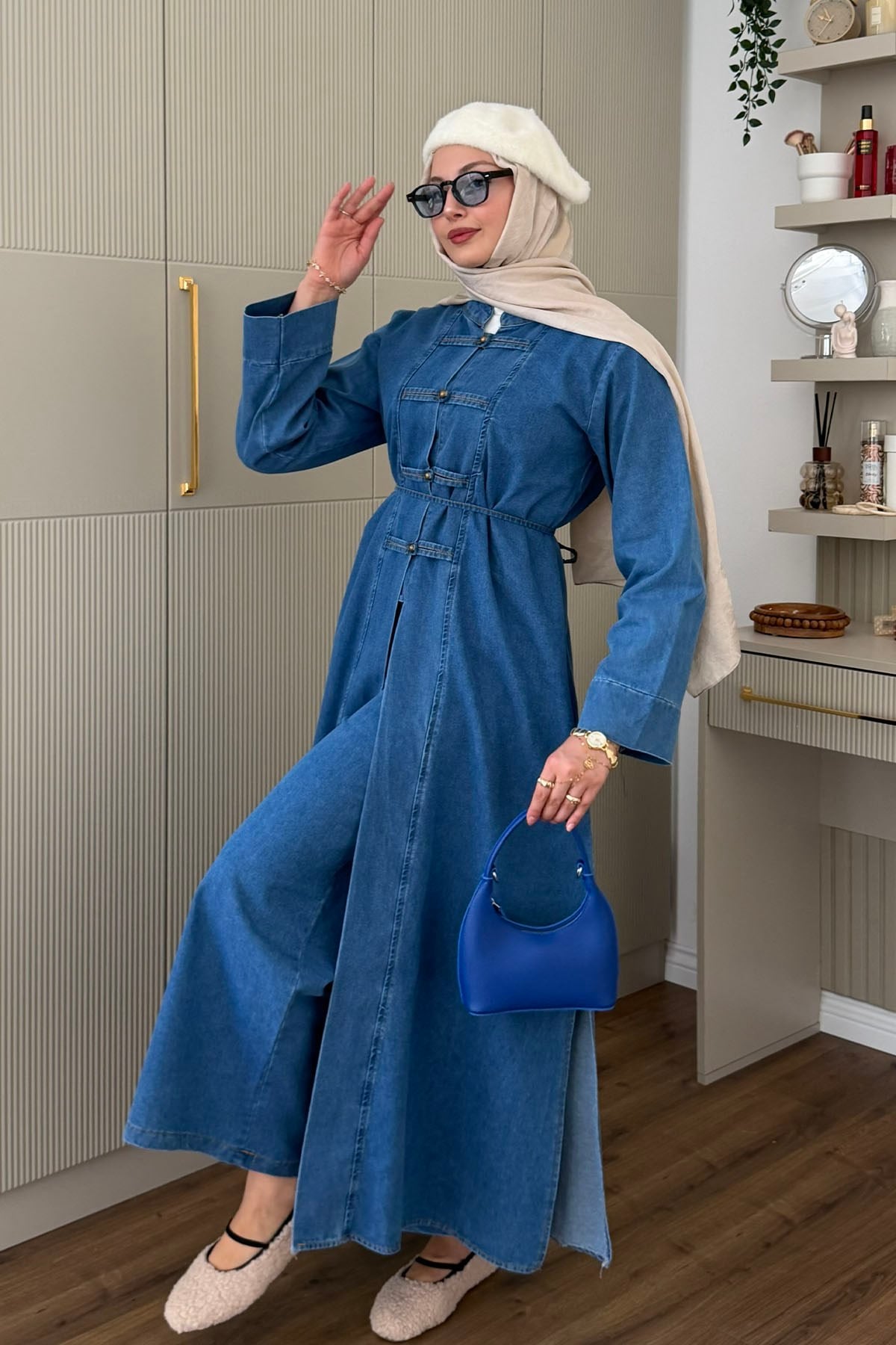 Çin Düğme Detaylı Uzun Denim Tunik Pantolon Tesettür Takım-AÇIK MAVİ
