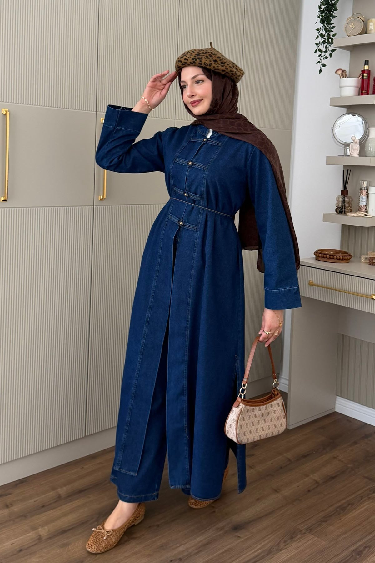 Çin Düğme Detaylı Uzun Denim Tunik Pantolon Tesettür Takım-KOYU MAVİ