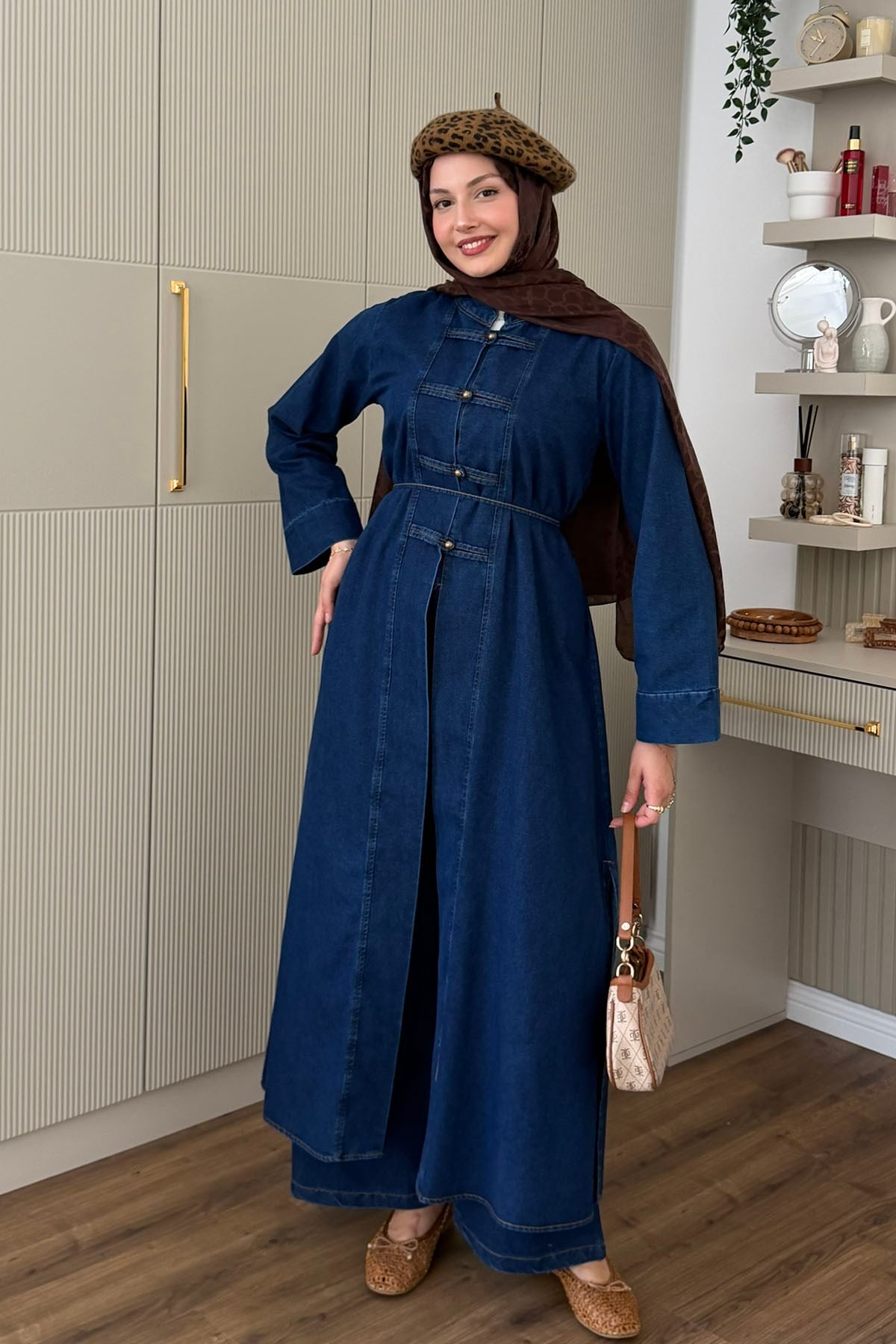 Çin Düğme Detaylı Uzun Denim Tunik Pantolon Tesettür Takım-KOYU MAVİ