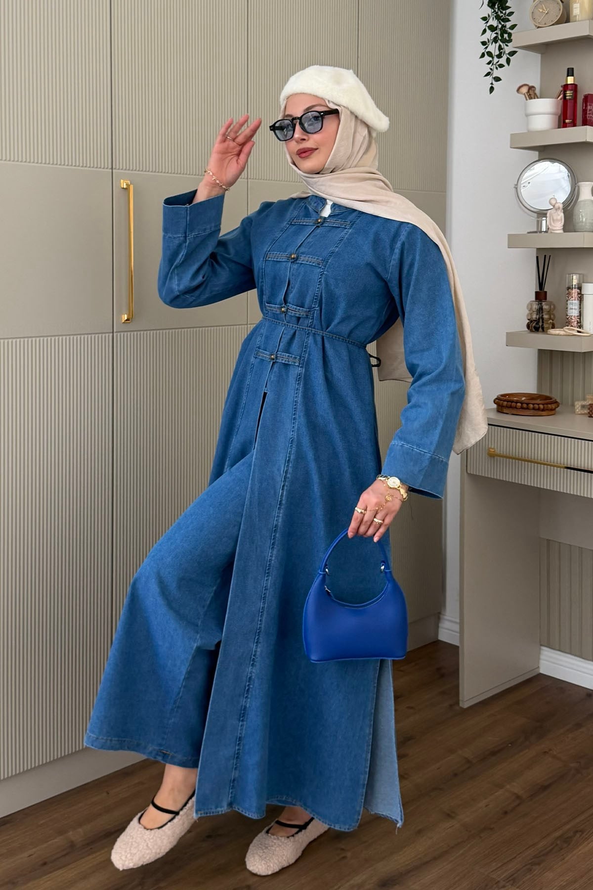 Çin Düğme Detaylı Uzun Denim Tunik Pantolon Tesettür Takım-AÇIK MAVİ