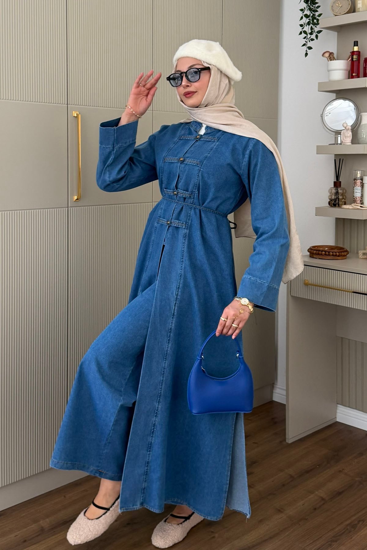 Çin Düğme Detaylı Uzun Denim Tunik Pantolon Tesettür Takım-AÇIK MAVİ