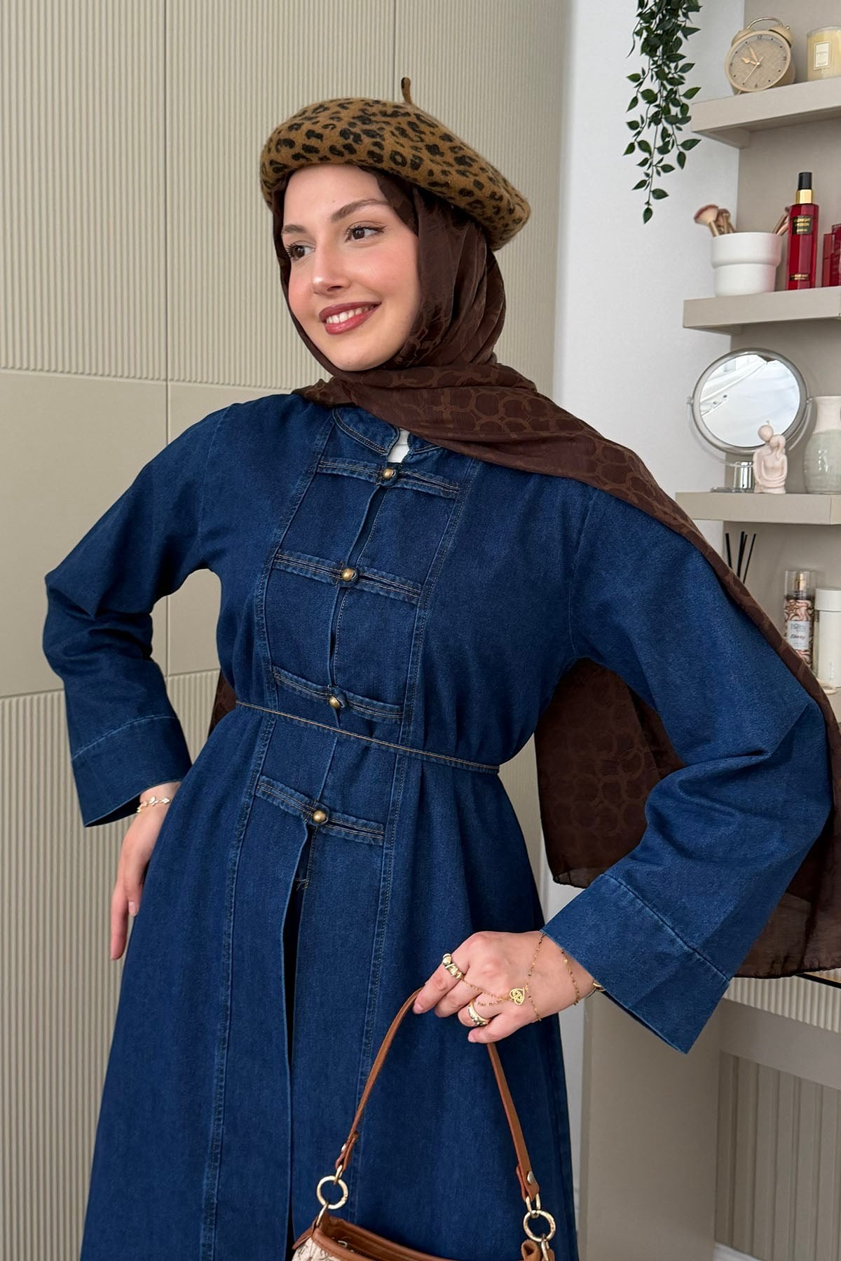 Çin Düğme Detaylı Uzun Denim Tunik Pantolon Tesettür Takım-KOYU MAVİ