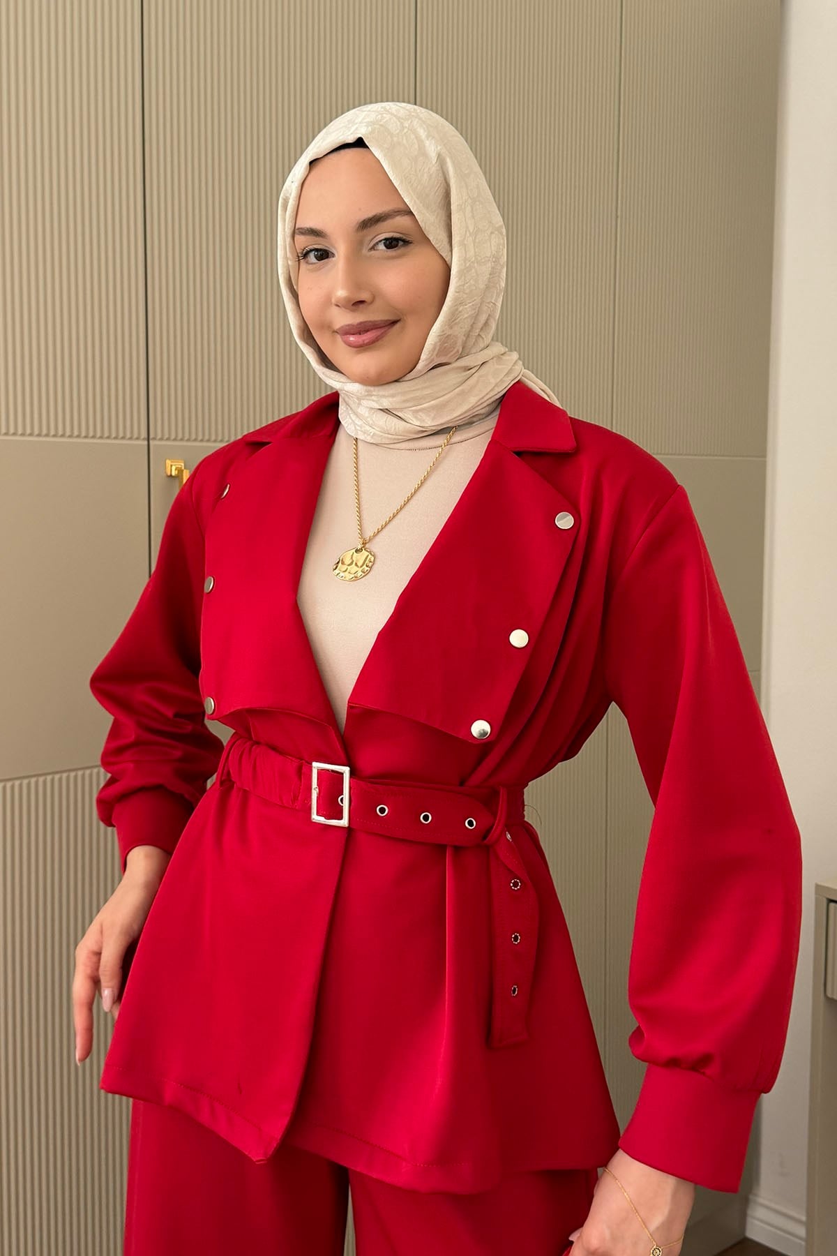 Çıtçıt Detaylı Ceket Palazzo Pantolon Tesettür Takım-KIRMIZI