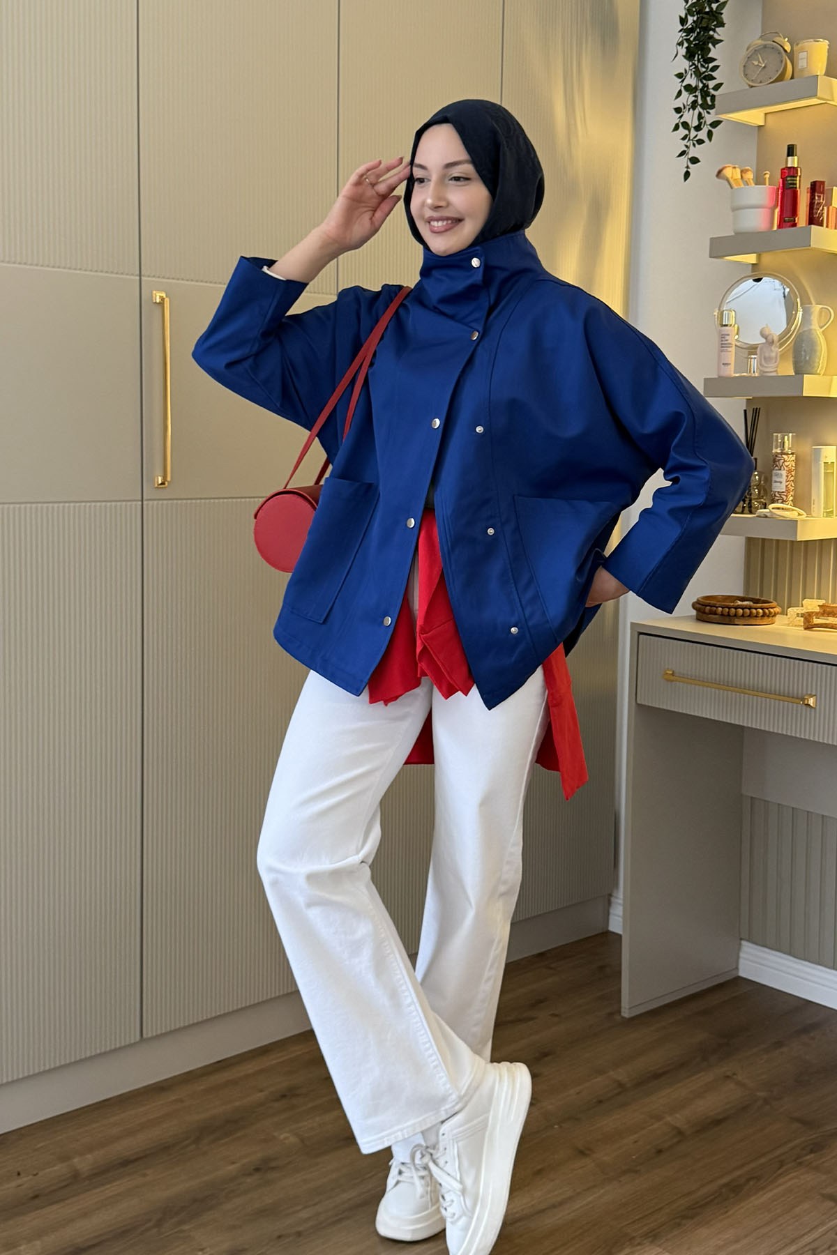 Çıtçıtlı Torba Cep Detaylı Trençkot-SAKS MAVİ