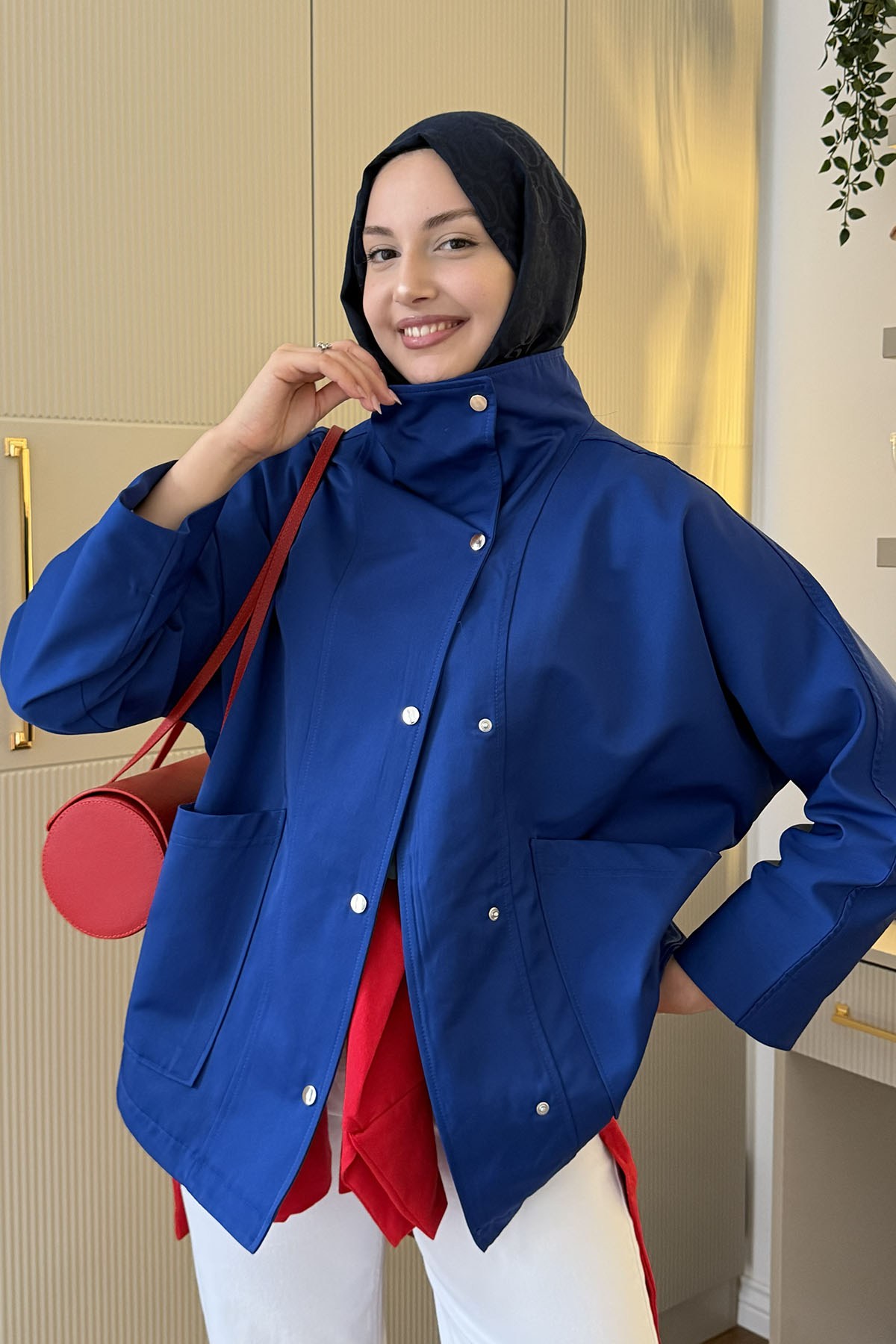 Çıtçıtlı Torba Cep Detaylı Trençkot-SAKS MAVİ