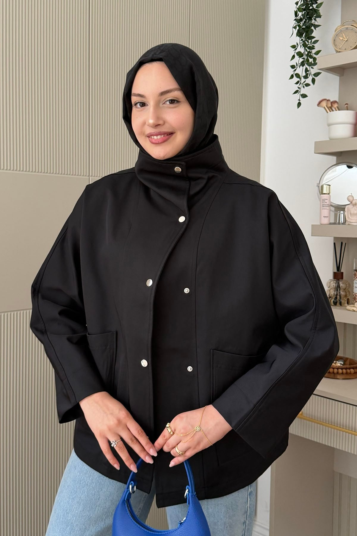 Çıtçıtlı Torba Cep Detaylı Trençkot-SİYAH