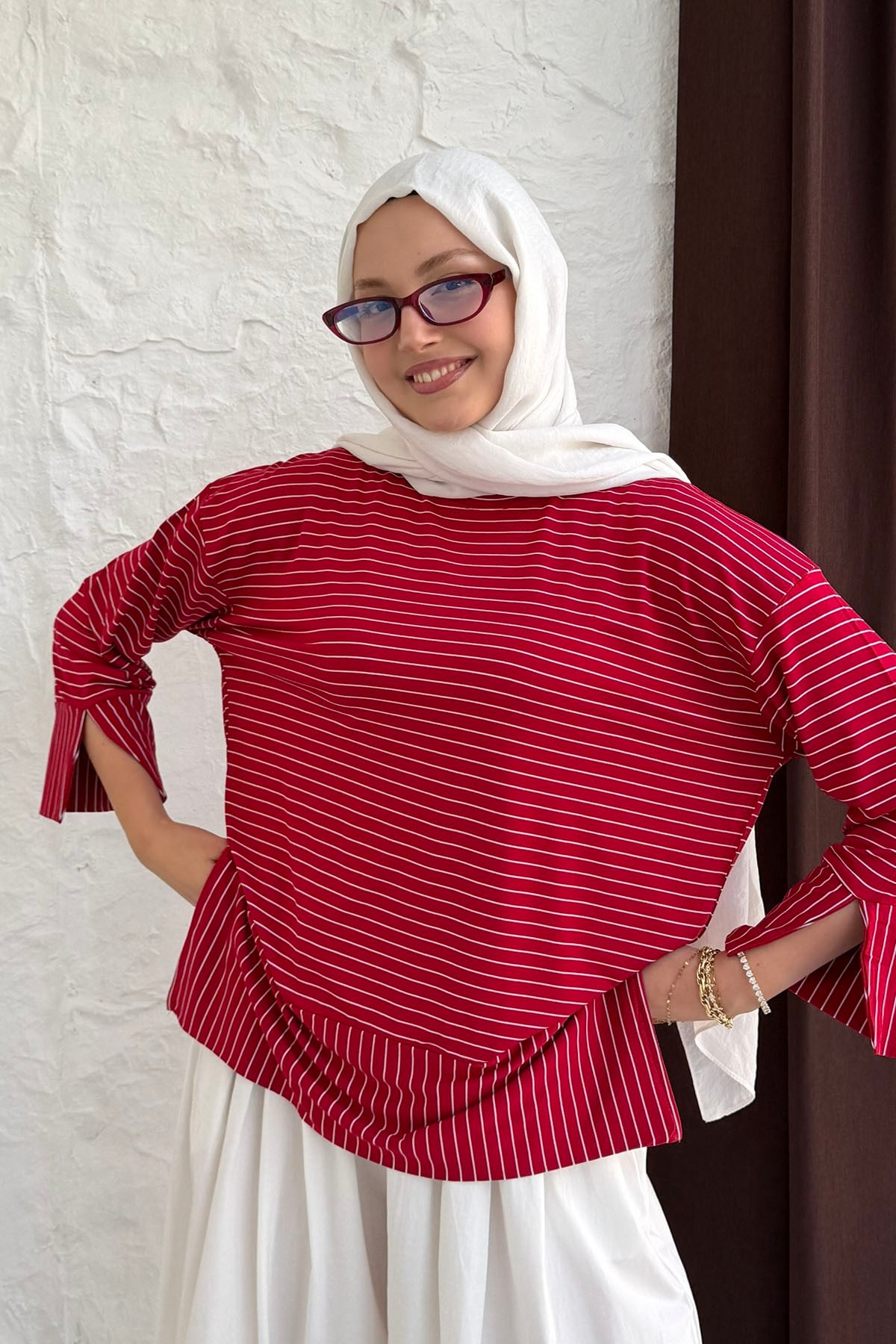 Çizgili Bisiklet Yaka Oversize Sweatshirt-KIRMIZI