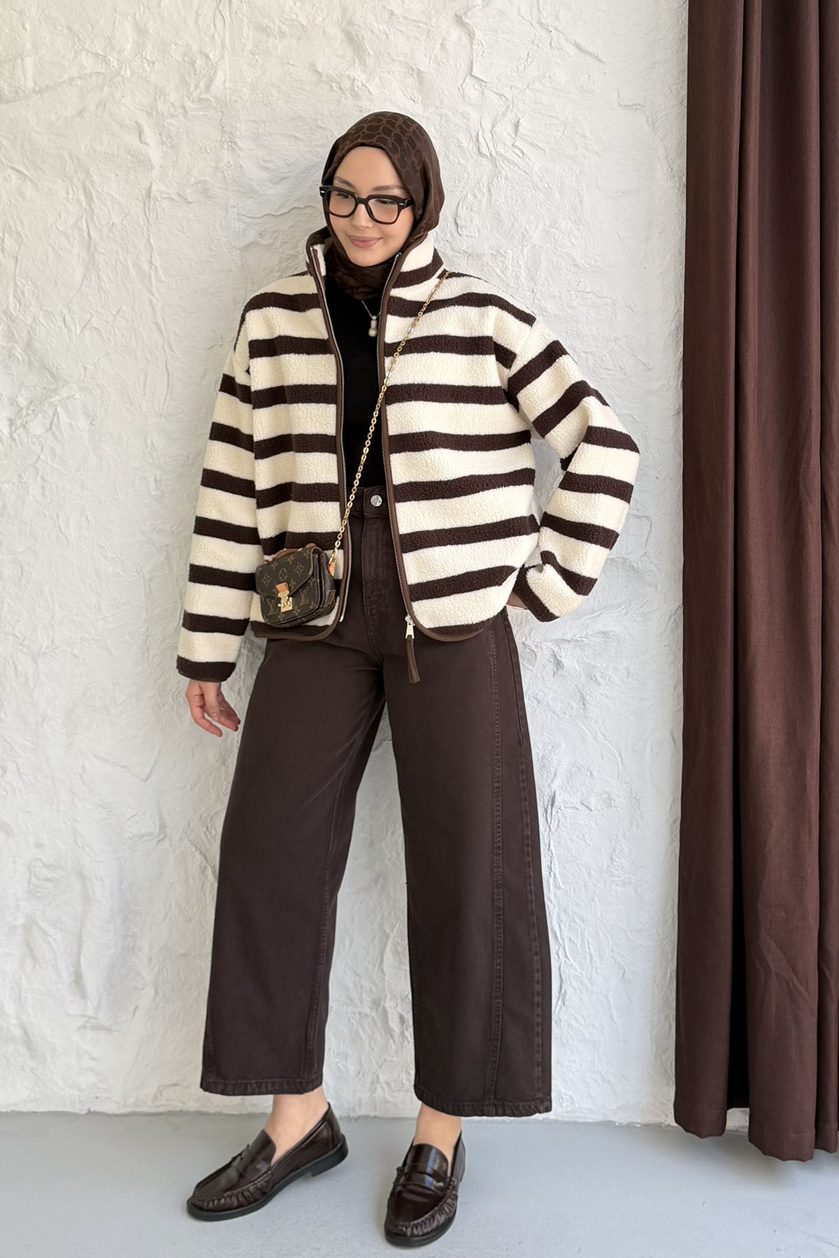 Çizgili Fermuarlı Polar Sweatshirt-ACI KAHVE