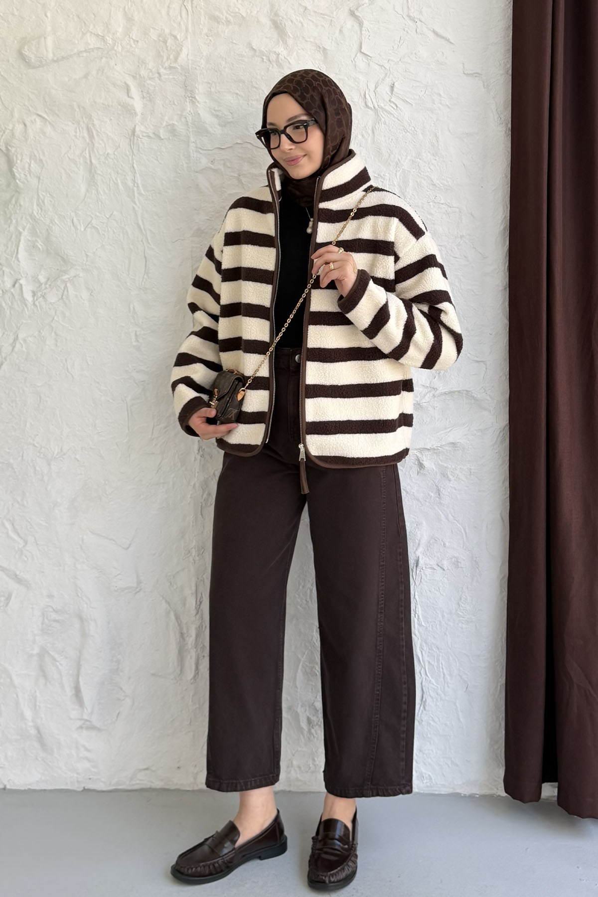 Çizgili Fermuarlı Polar Sweatshirt-ACI KAHVE