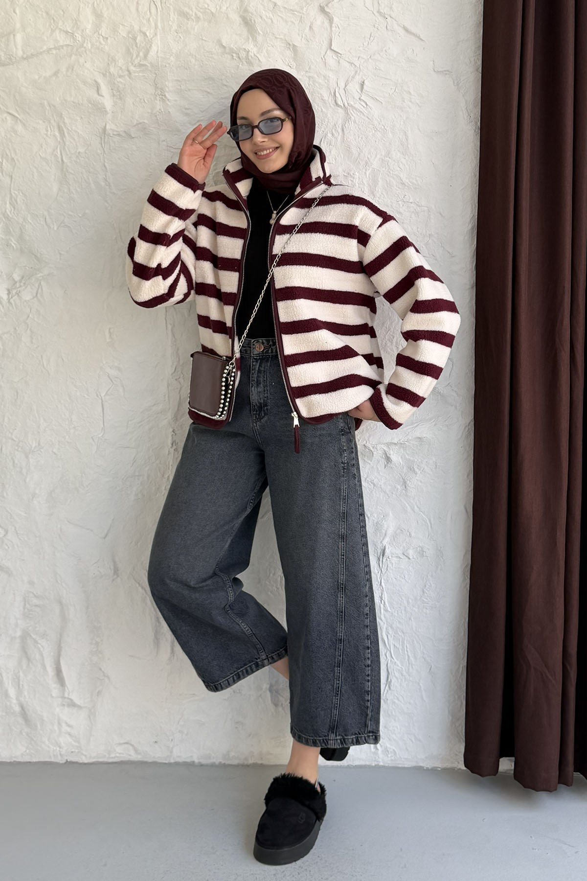 Çizgili Fermuarlı Polar Sweatshirt-MÜRDÜM