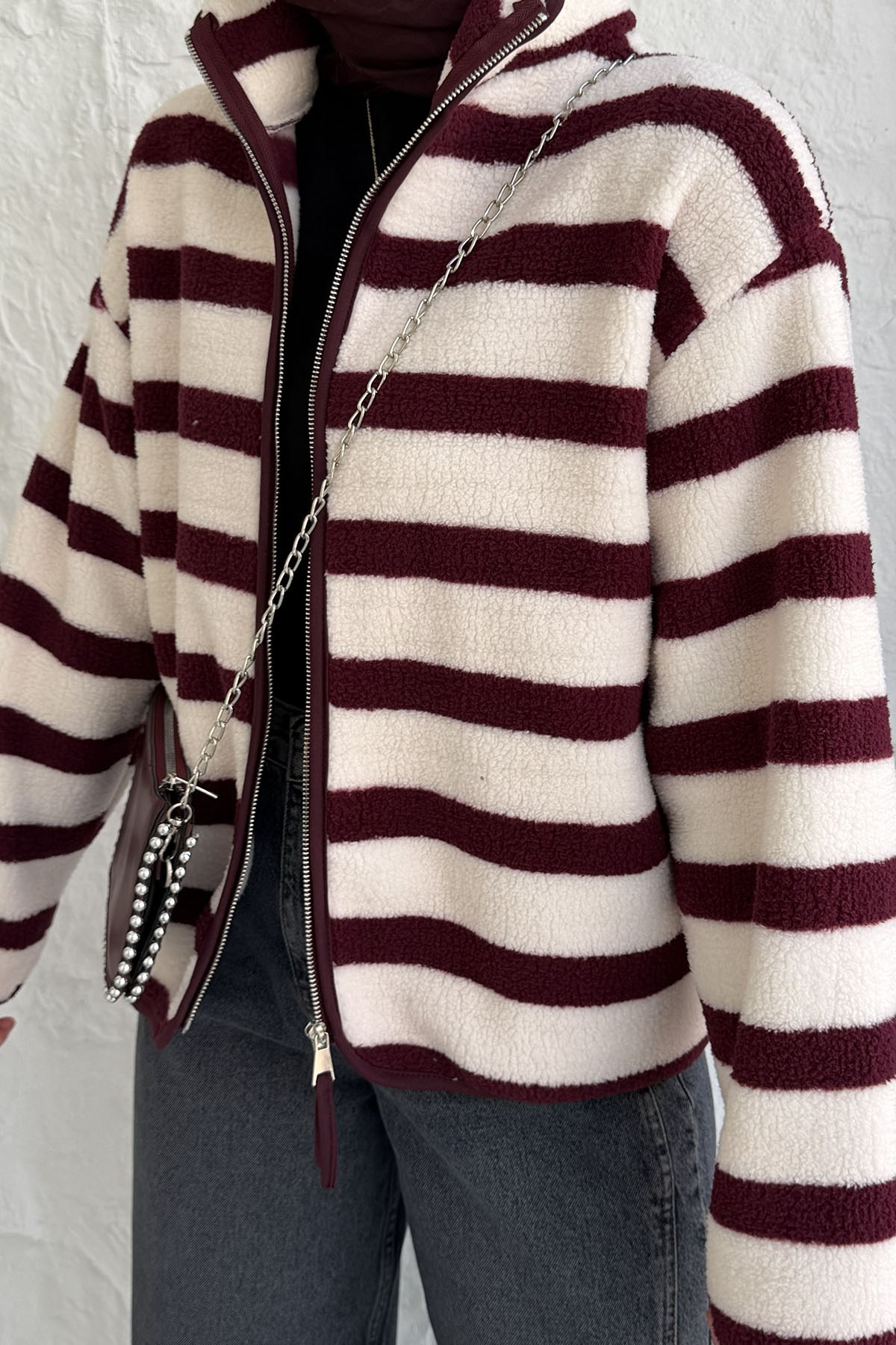 Çizgili Fermuarlı Polar Sweatshirt-MÜRDÜM