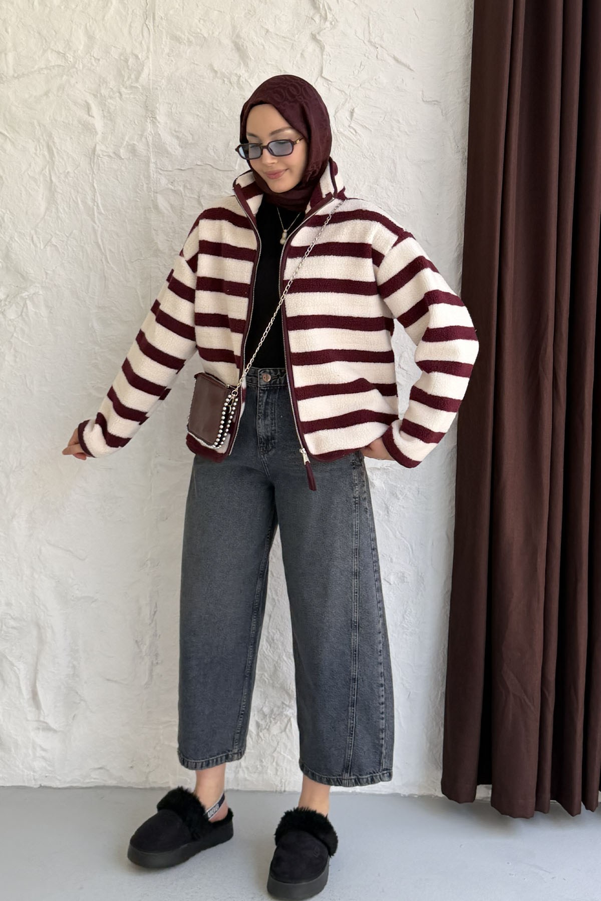 Çizgili Fermuarlı Polar Sweatshirt-MÜRDÜM