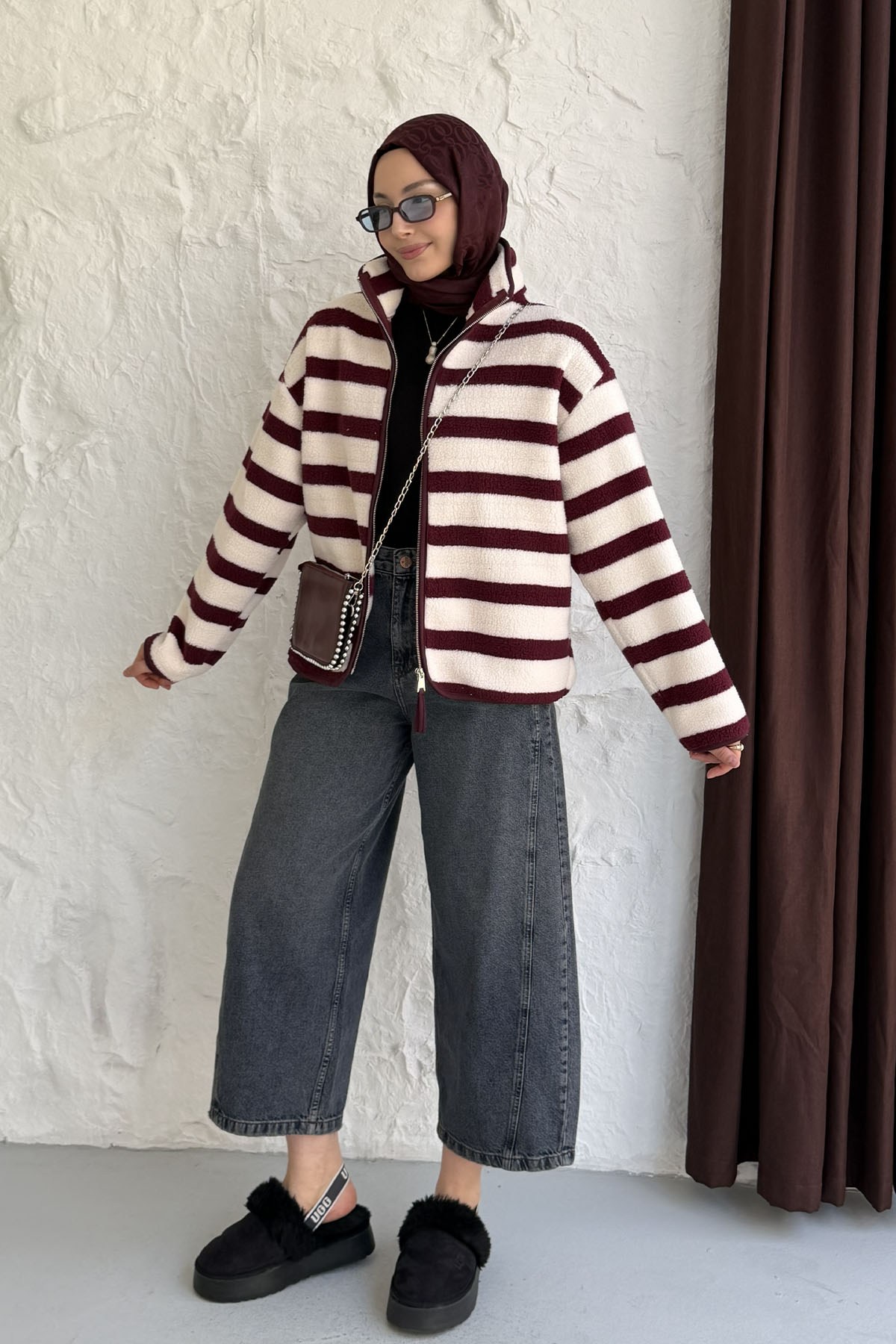 Çizgili Fermuarlı Polar Sweatshirt-MÜRDÜM