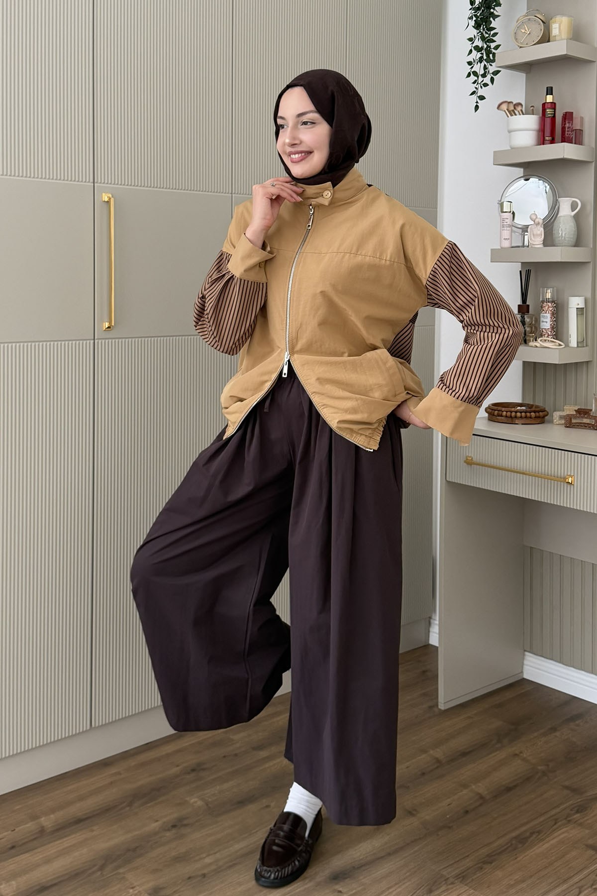 Çizgili Ve Pötikare Detaylı Ceket Trençkot-CAMEL