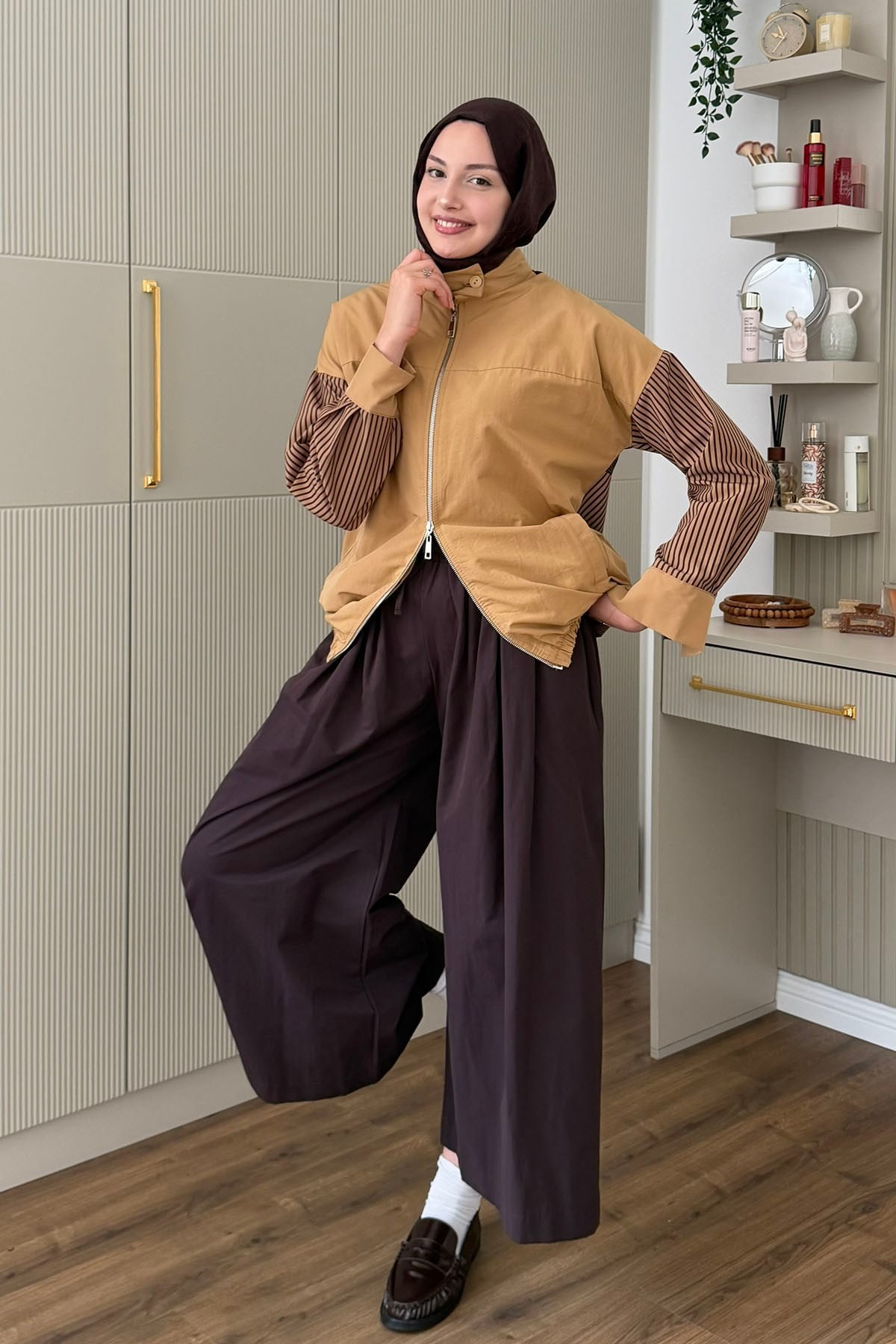 Çizgili Ve Pötikare Detaylı Ceket Trençkot-CAMEL