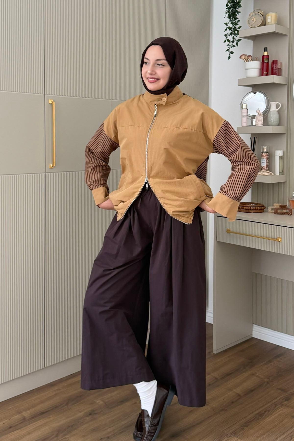 Çizgili Ve Pötikare Detaylı Ceket Trençkot-CAMEL