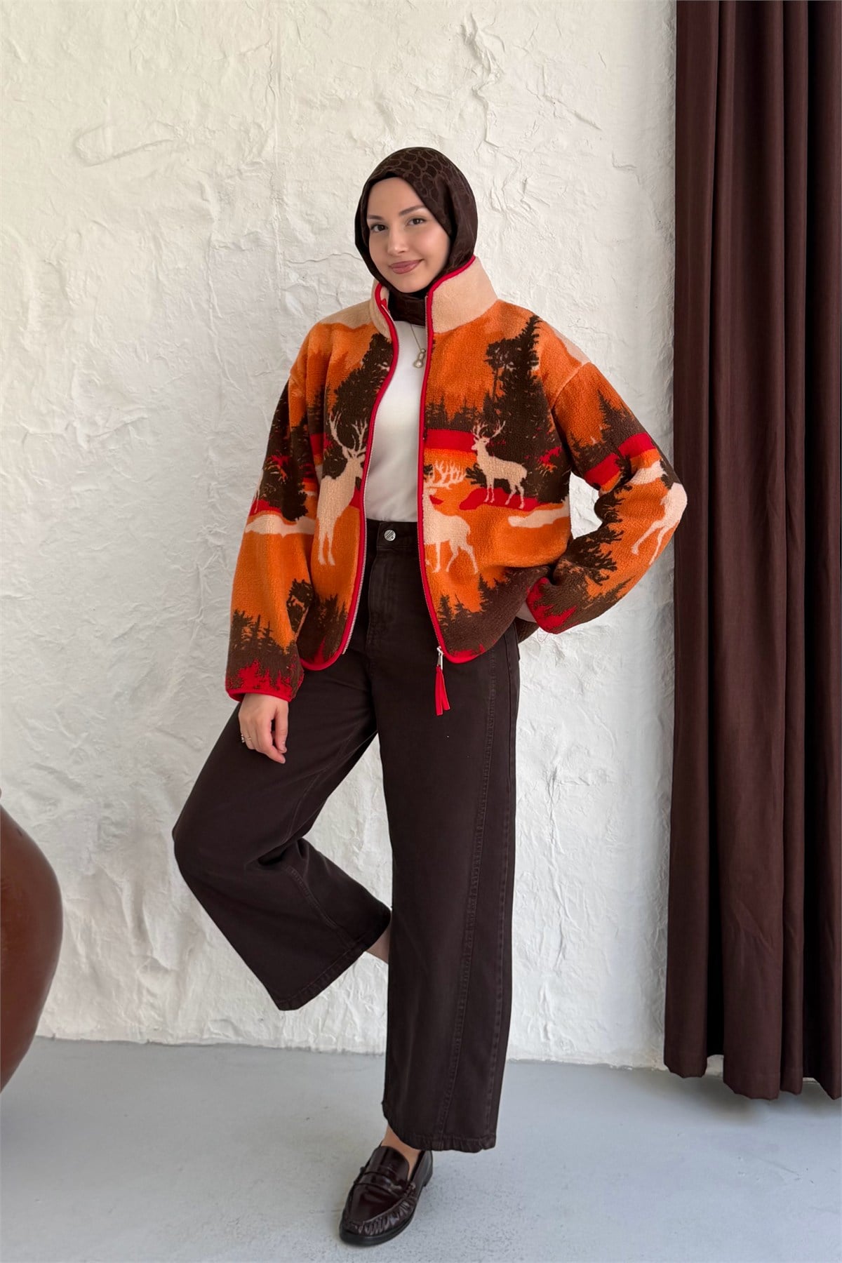 Dağ ve Geyik Baskılı Fermuarlı Sweatshirt-TURUNCU