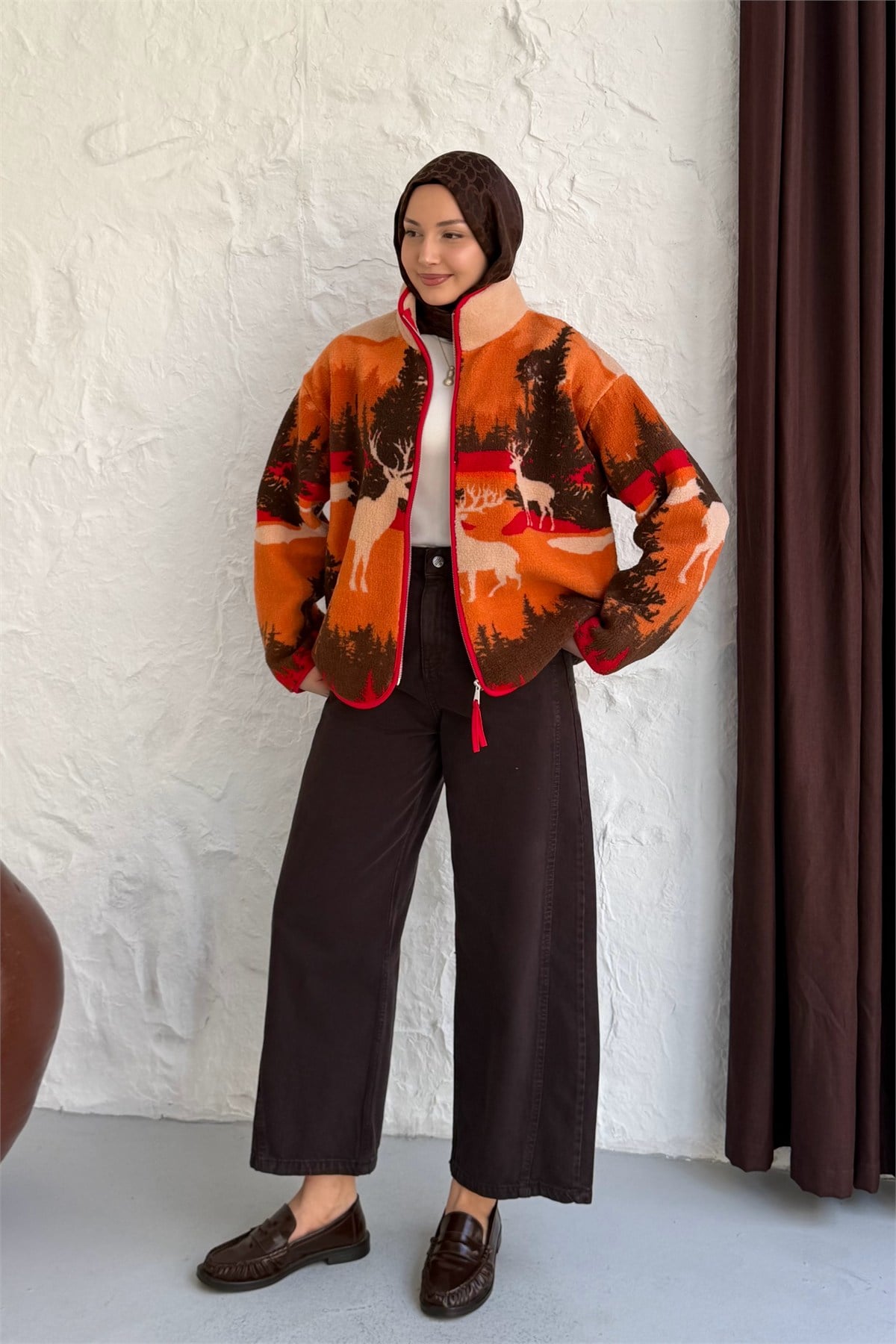 Dağ ve Geyik Baskılı Fermuarlı Sweatshirt-TURUNCU
