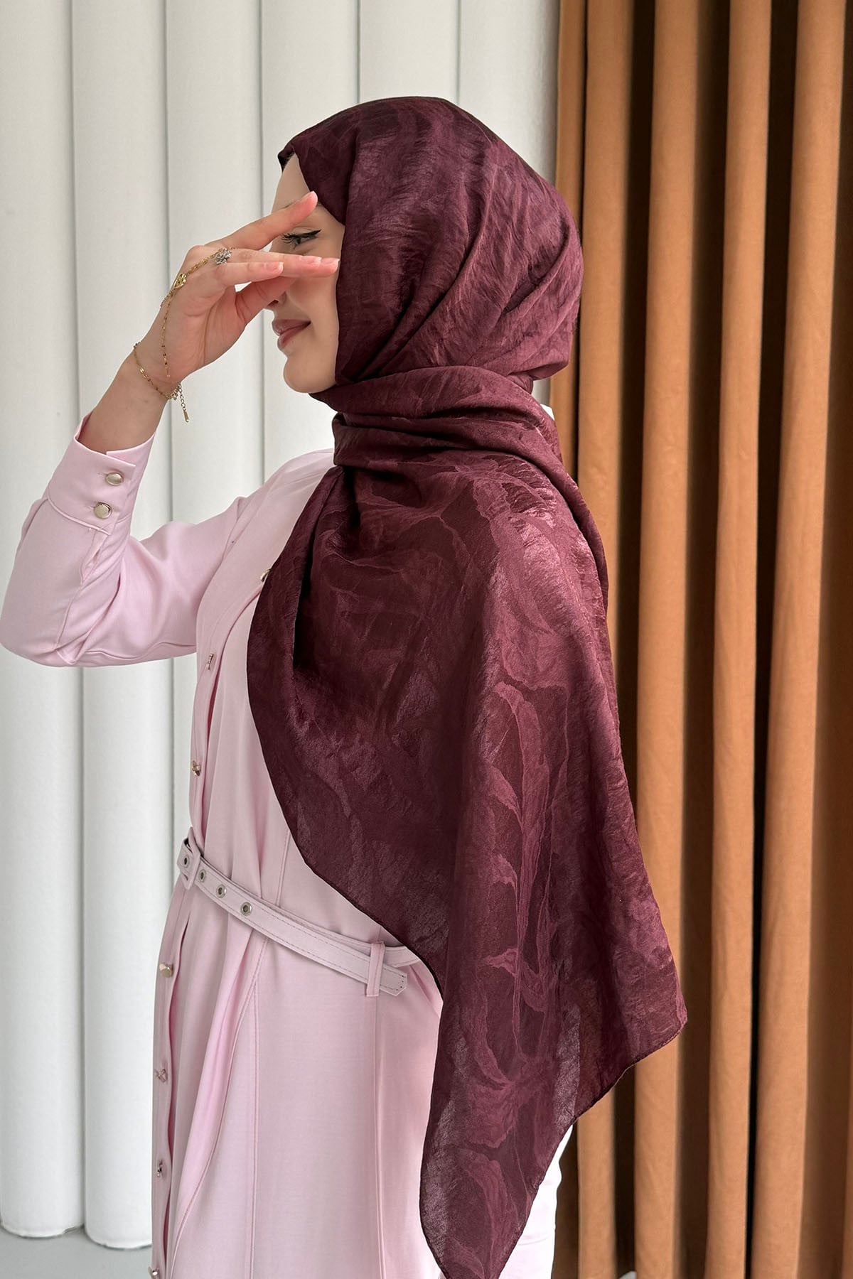 Dalga Desen Pamuklu Ayrobin Jakar Şal-BORDO