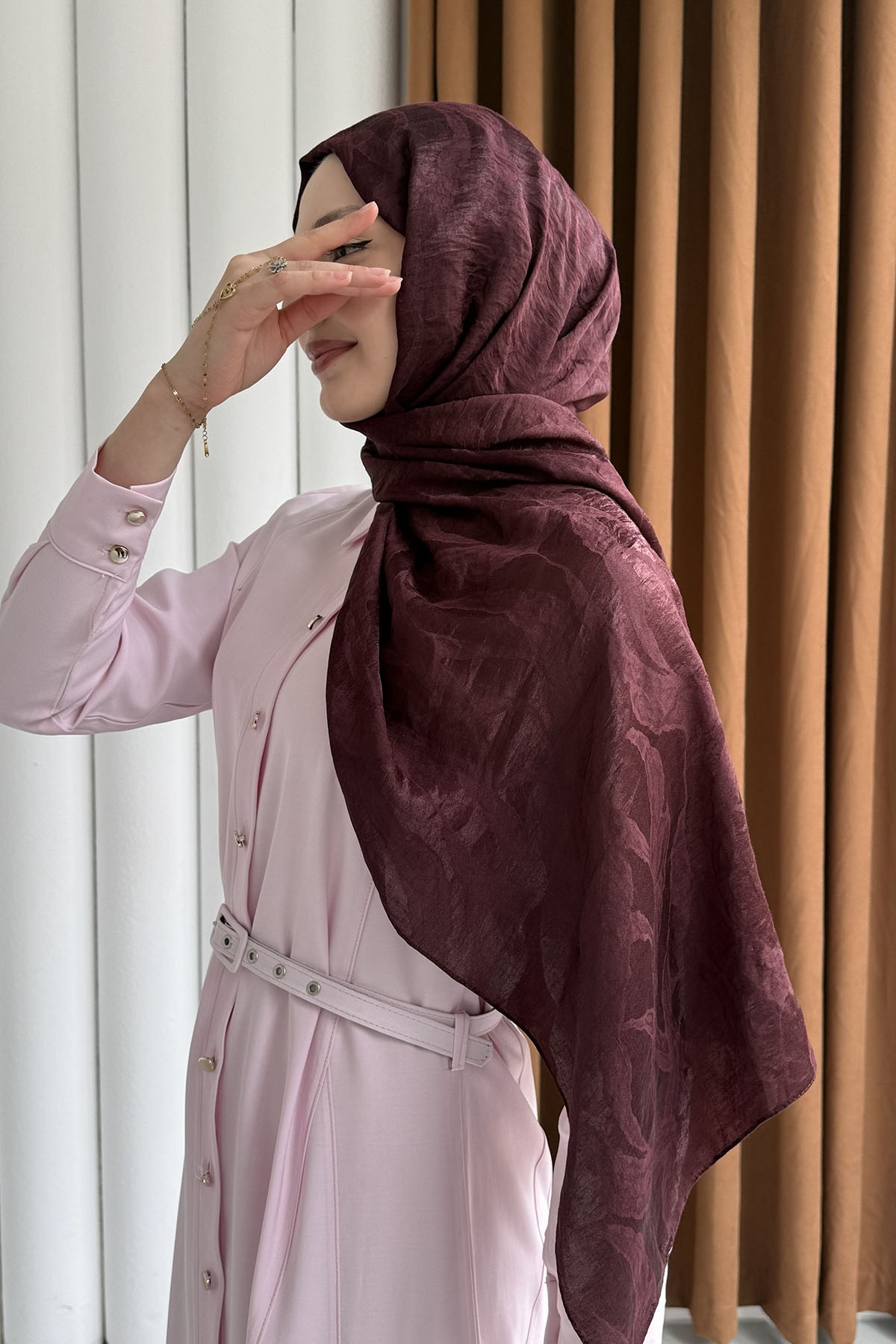 Dalga Desen Pamuklu Ayrobin Jakar Şal-BORDO