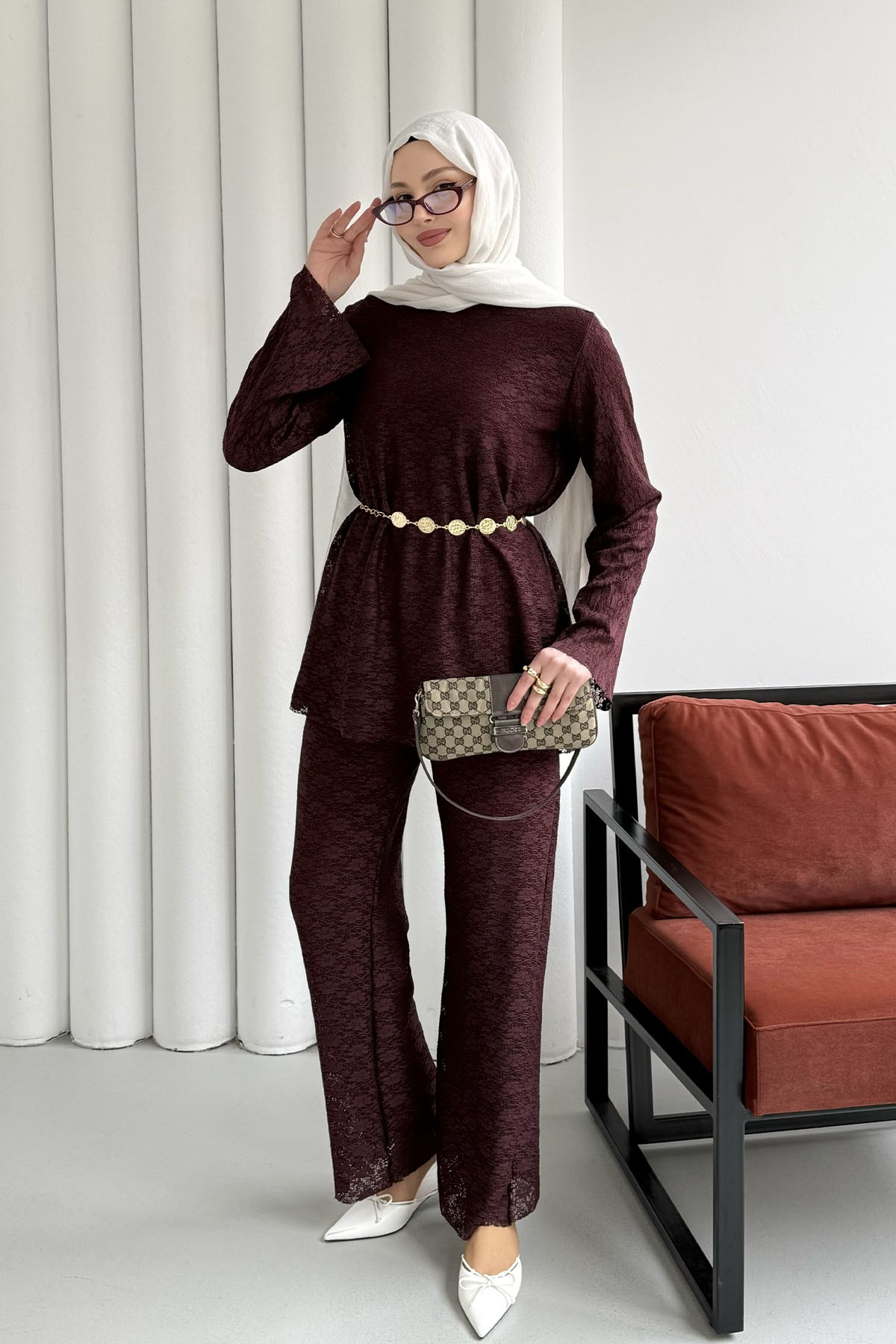 Dantel Detaylı Zincir Kemerli Pantolon Tesettür Takım-BORDO