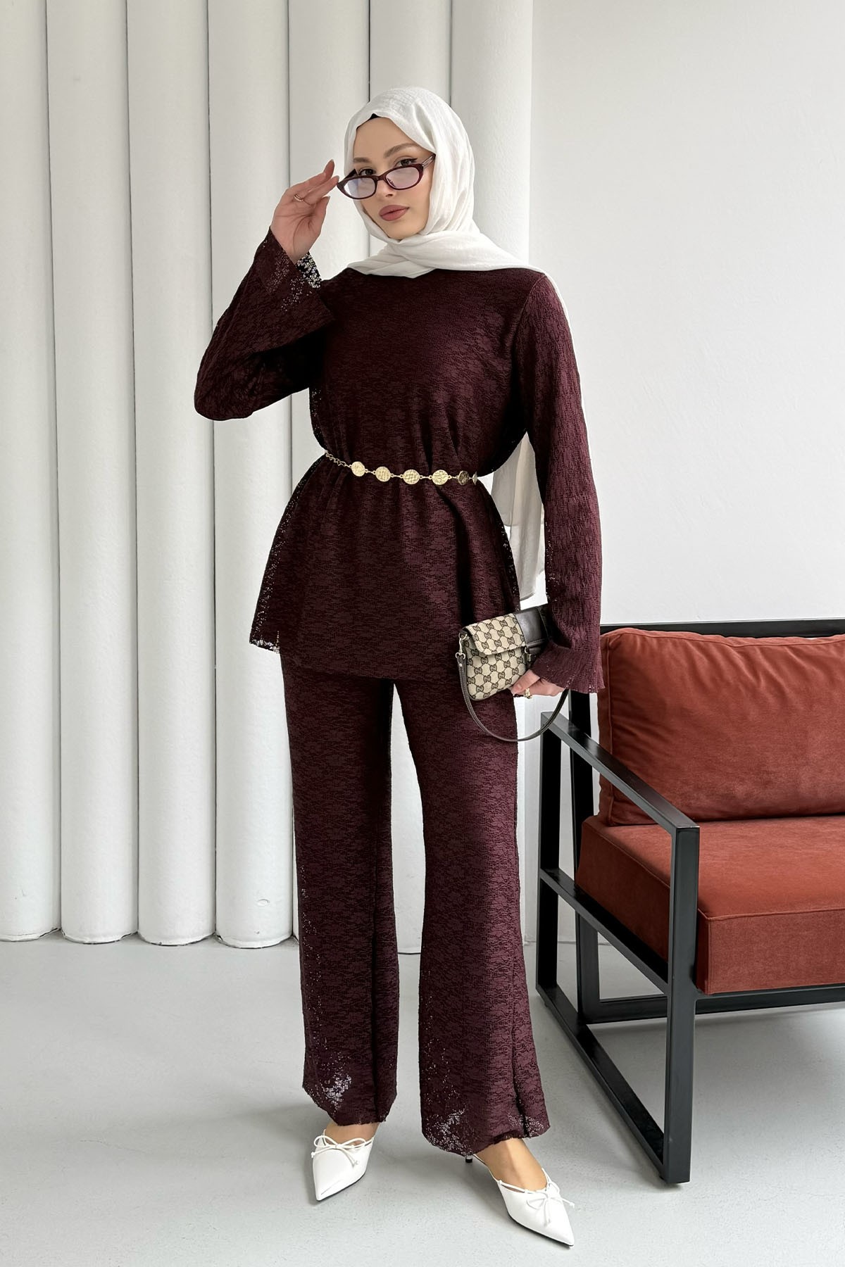 Dantel Detaylı Zincir Kemerli Pantolon Tesettür Takım-BORDO