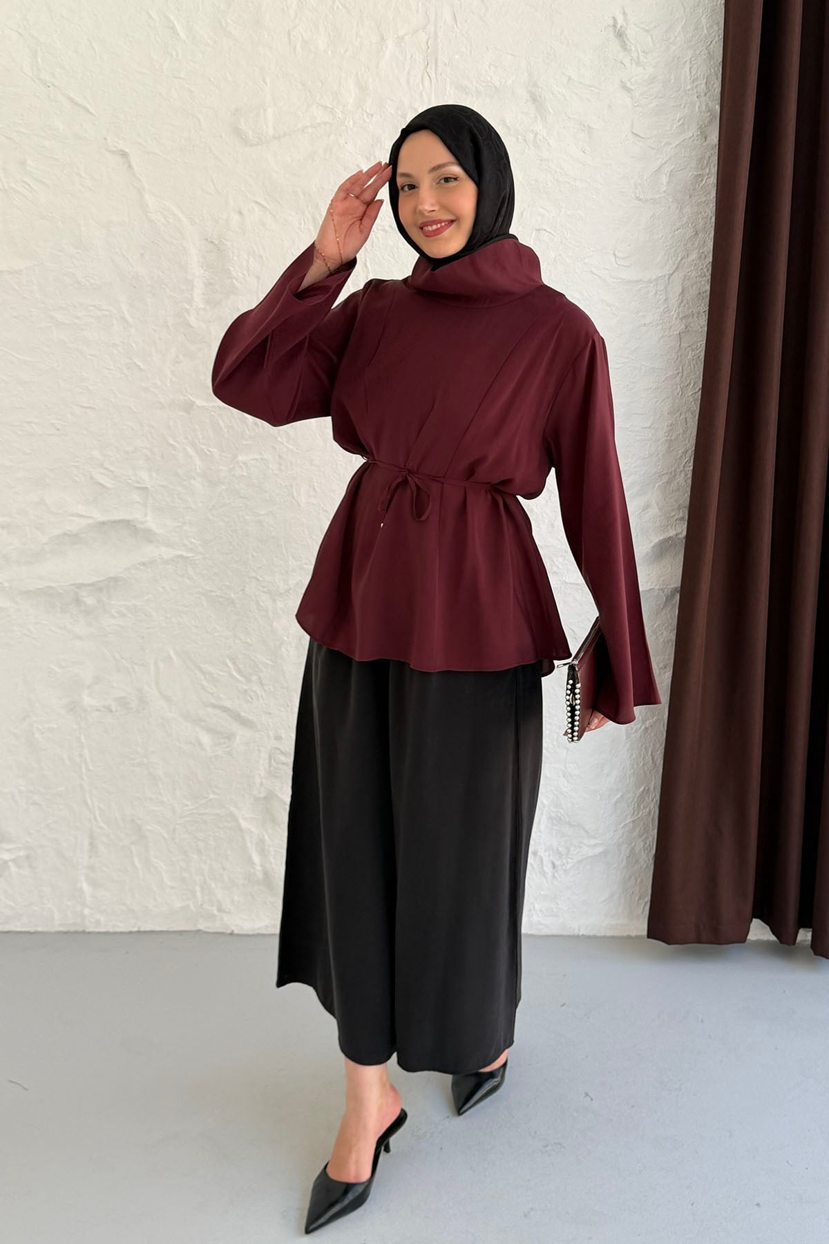Degaje Yaka Biye Kemerli Bluz-BORDO