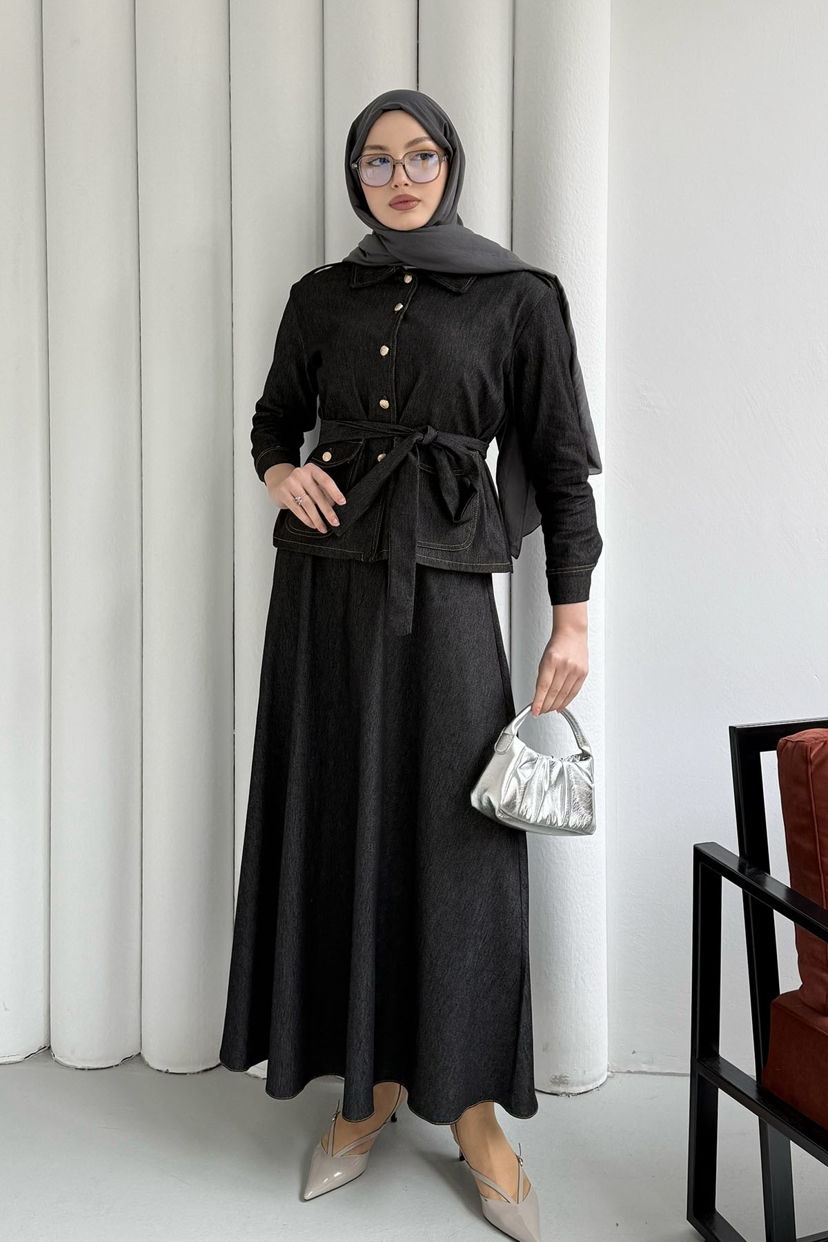 Denim Cep Detaylı Etekli Tesettür Takım-SİYAH