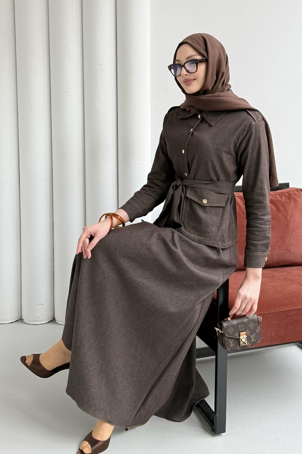Denim Cep Detaylı Etekli Tesettür Takım-KAHVERENGİ