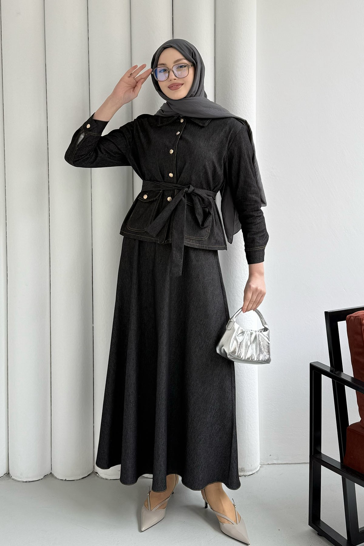 Denim Cep Detaylı Etekli Tesettür Takım-SİYAH