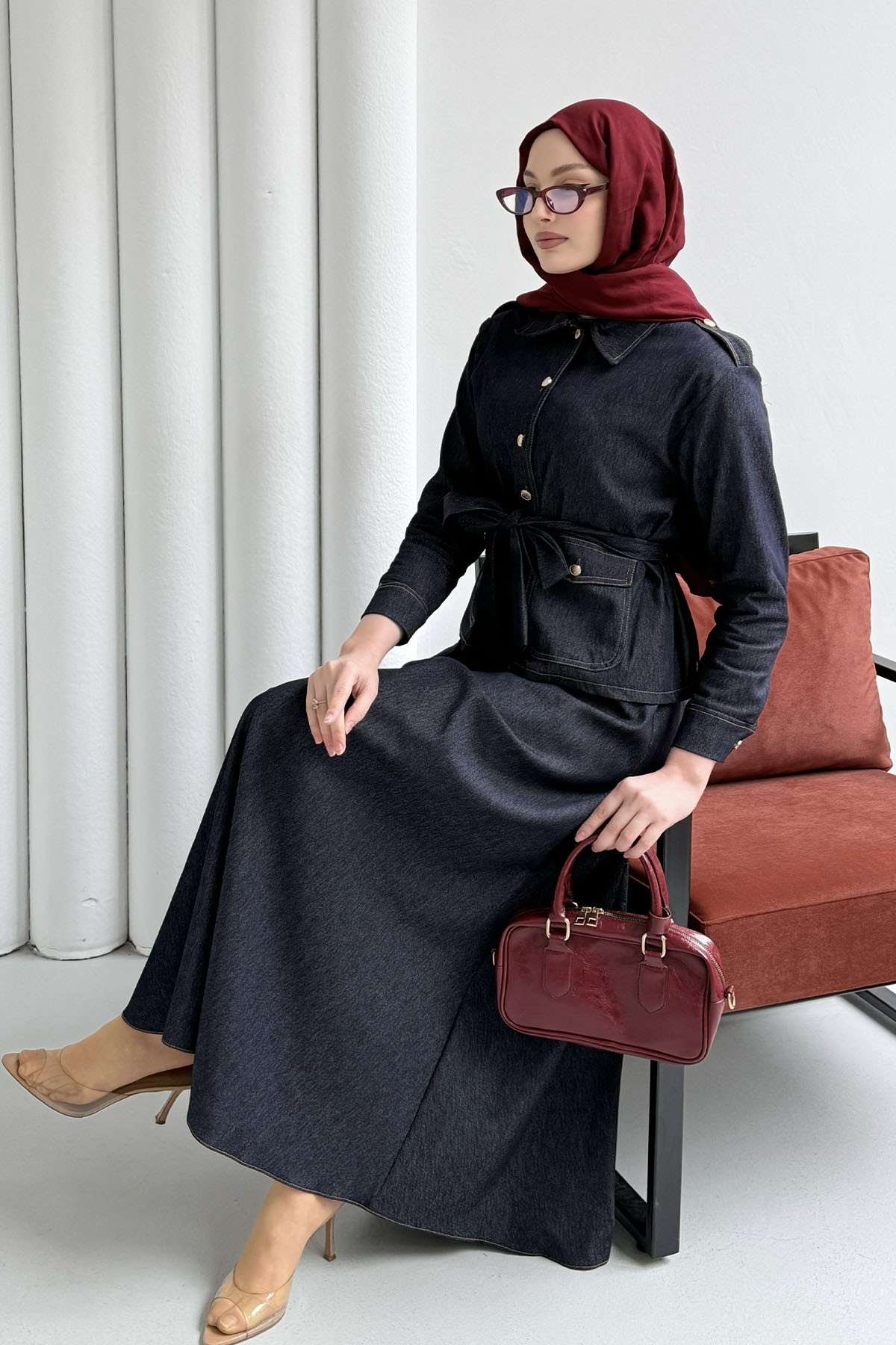 Denim Cep Detaylı Etekli Tesettür Takım-KOYU LACİVERT