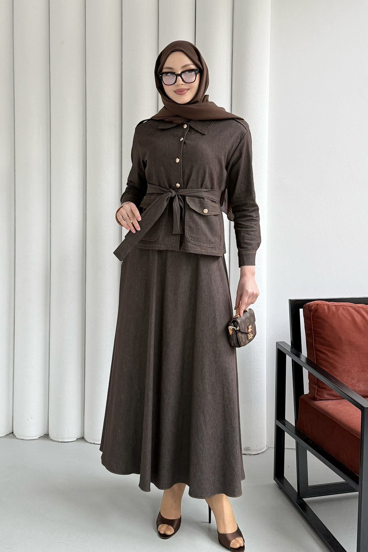 Denim Cep Detaylı Etekli Tesettür Takım-KAHVERENGİ