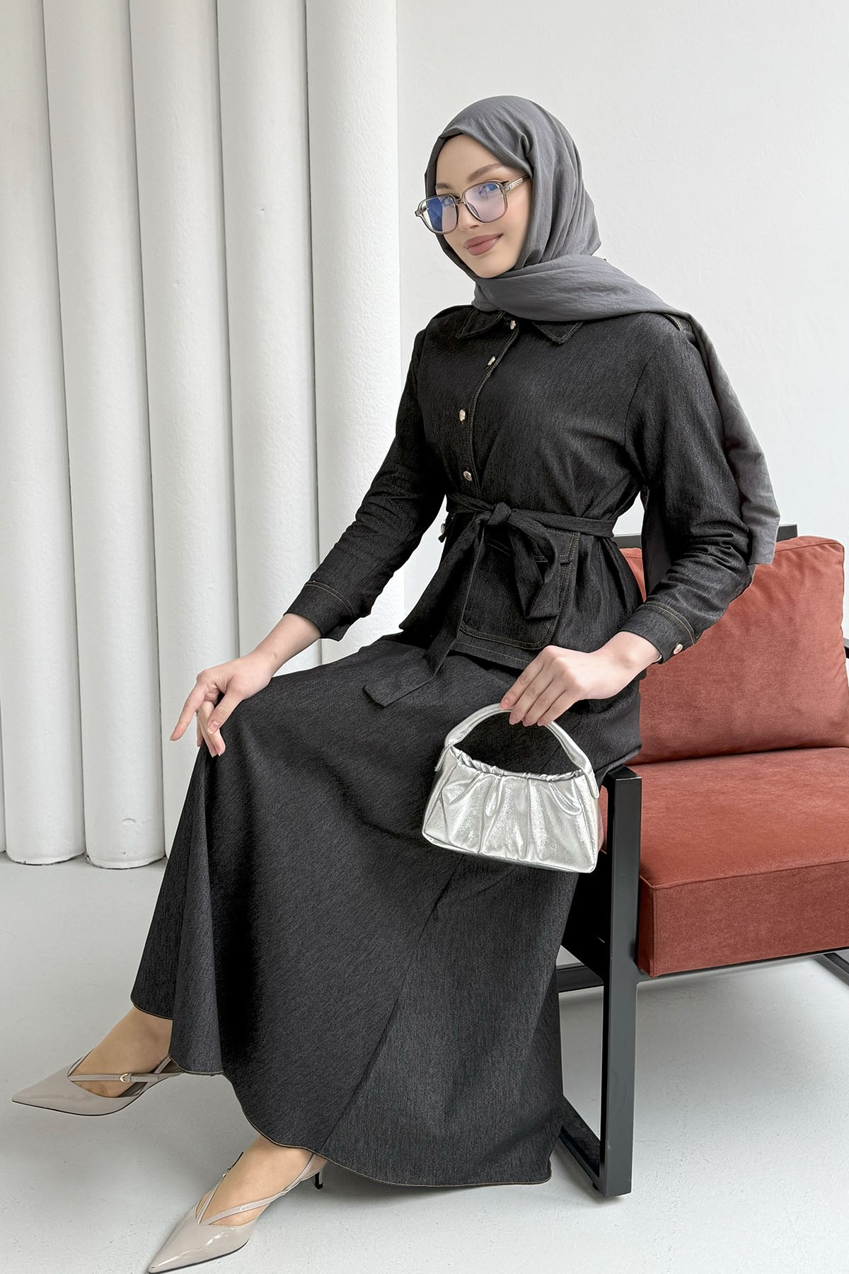 Denim Cep Detaylı Etekli Tesettür Takım-SİYAH