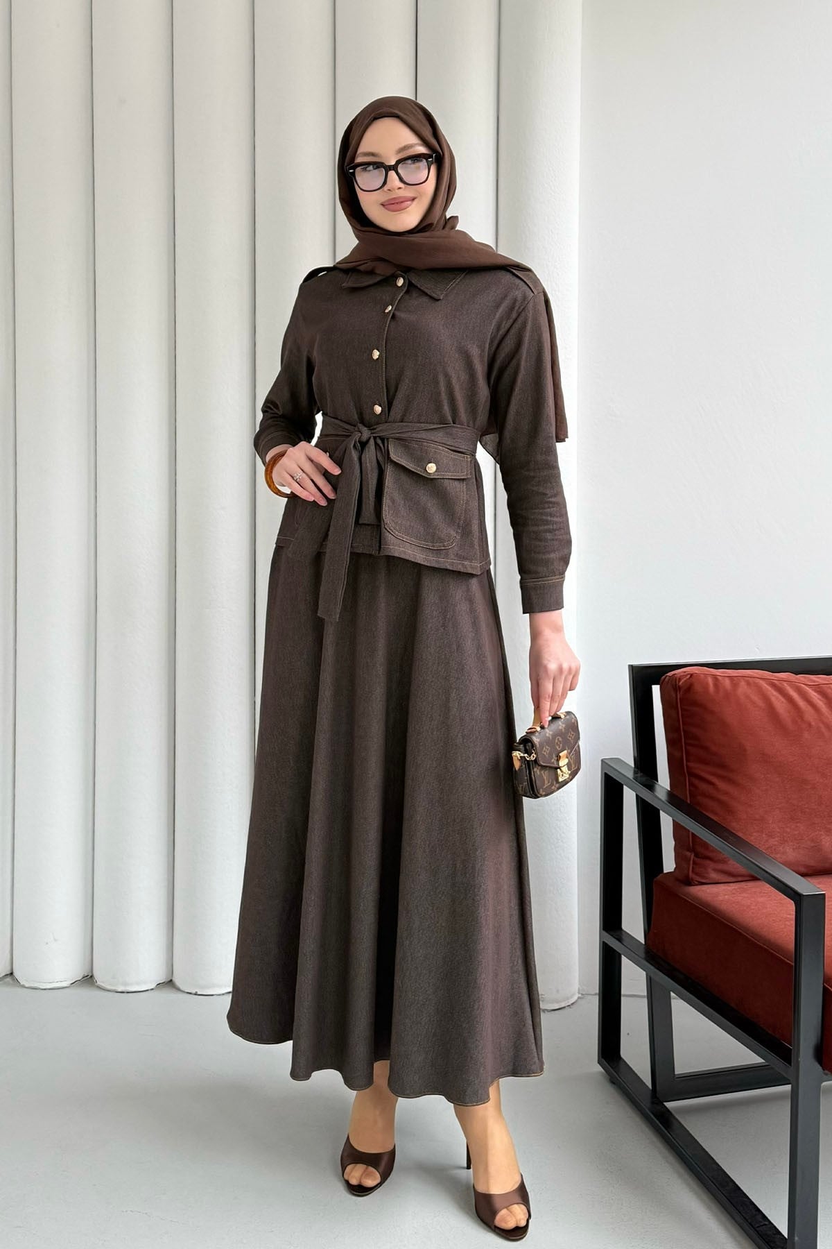 Denim Cep Detaylı Etekli Tesettür Takım-KAHVERENGİ