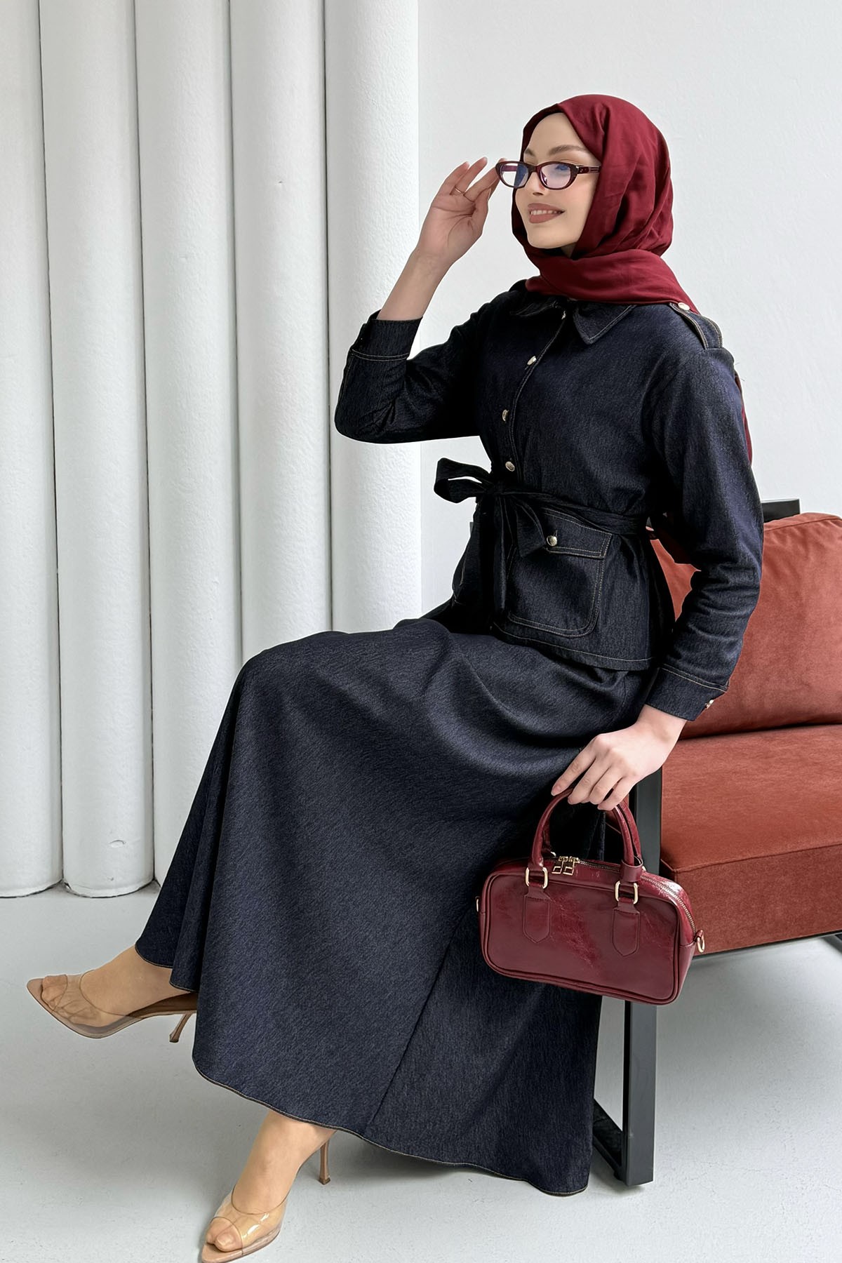 Denim Cep Detaylı Etekli Tesettür Takım-KOYU LACİVERT