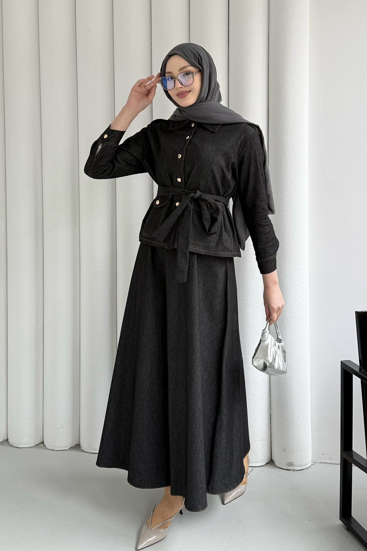 Denim Cep Detaylı Etekli Tesettür Takım-SİYAH