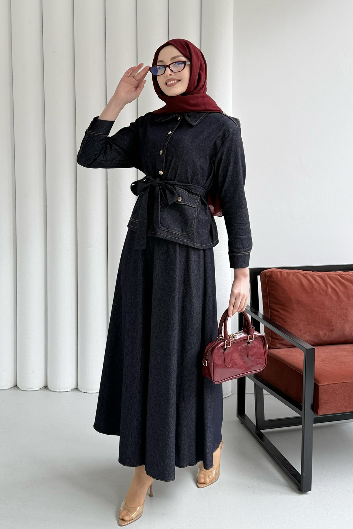 Denim Cep Detaylı Etekli Tesettür Takım-KOYU LACİVERT