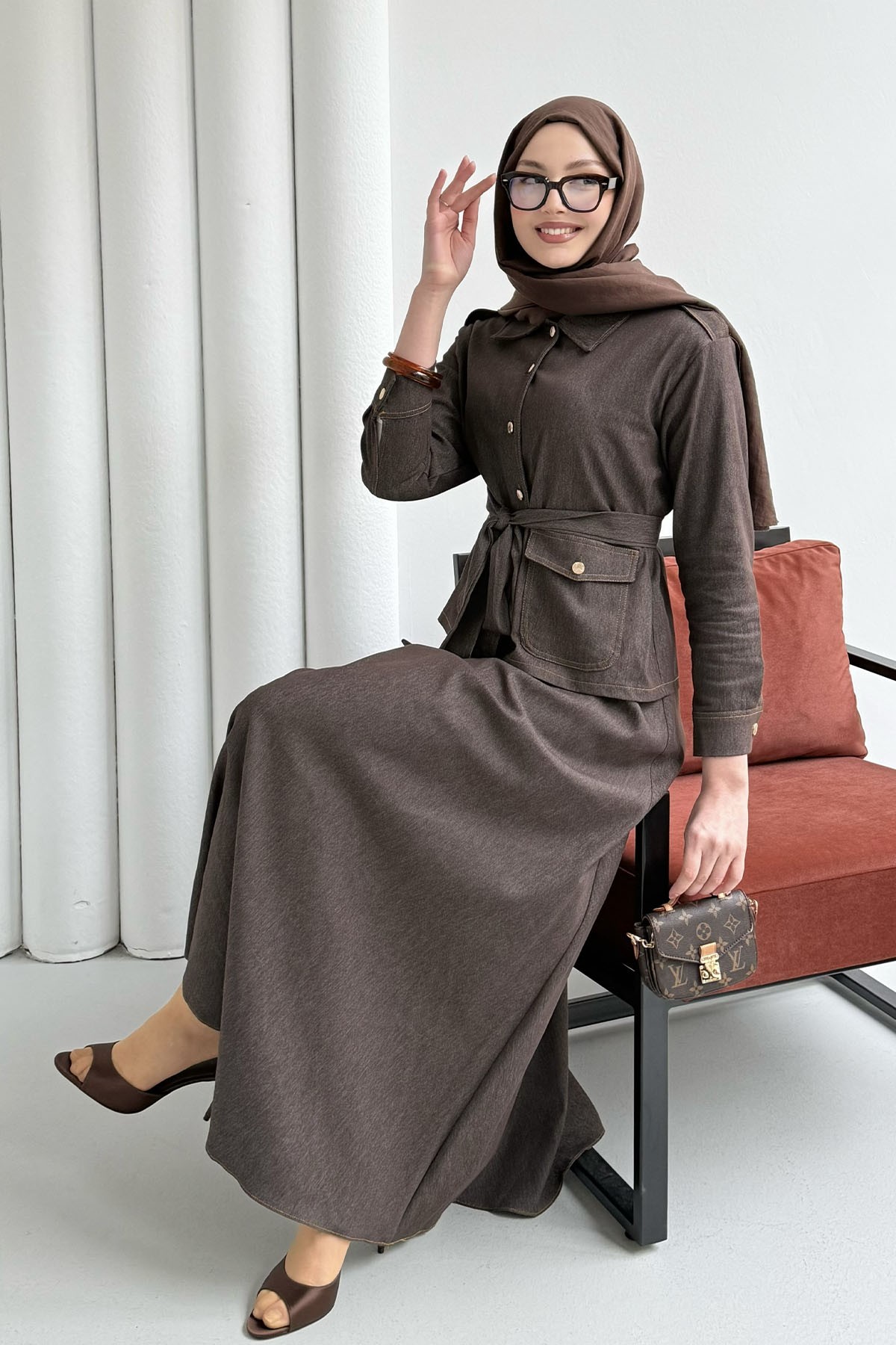 Denim Cep Detaylı Etekli Tesettür Takım-KAHVERENGİ
