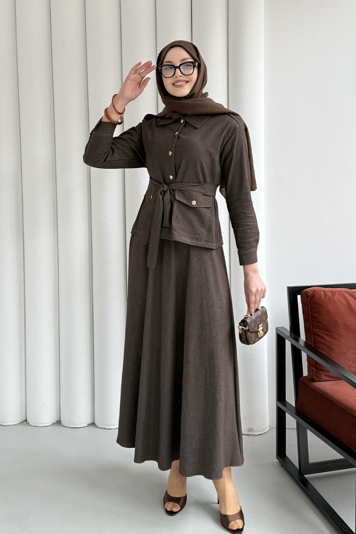 Denim Cep Detaylı Etekli Tesettür Takım-KAHVERENGİ