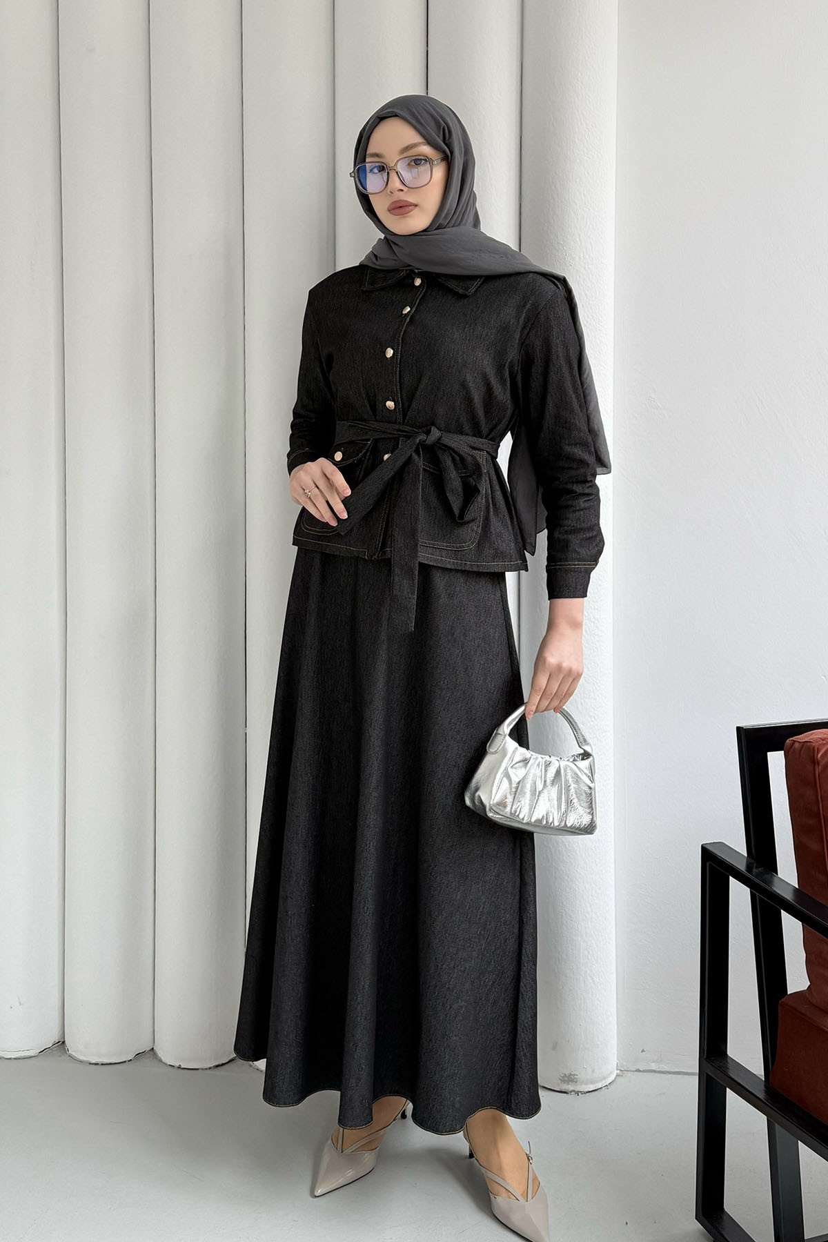 Denim Cep Detaylı Etekli Tesettür Takım-SİYAH
