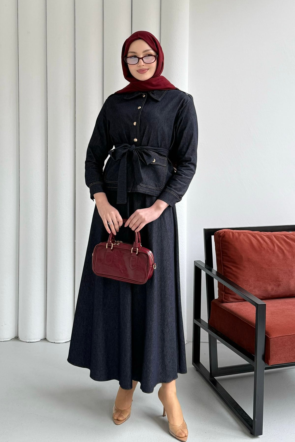 Denim Cep Detaylı Etekli Tesettür Takım-KOYU LACİVERT