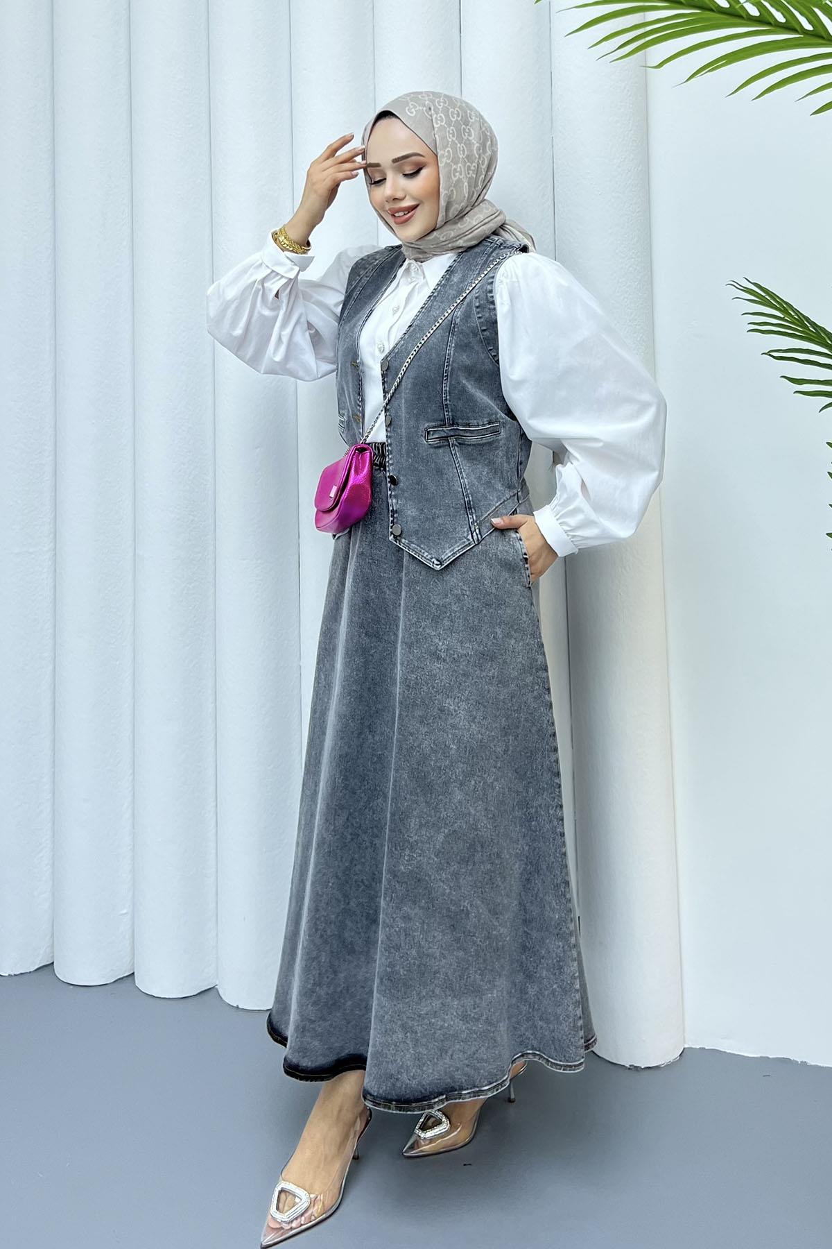 Denim Yelekli Etekli Tesettür Takım-GRİ