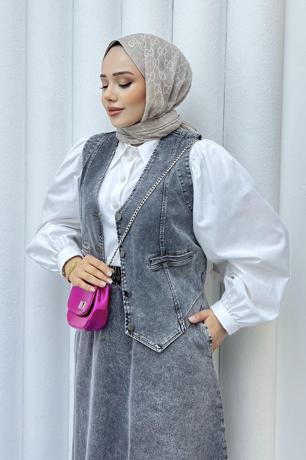Denim Yelekli Etekli Tesettür Takım-GRİ
