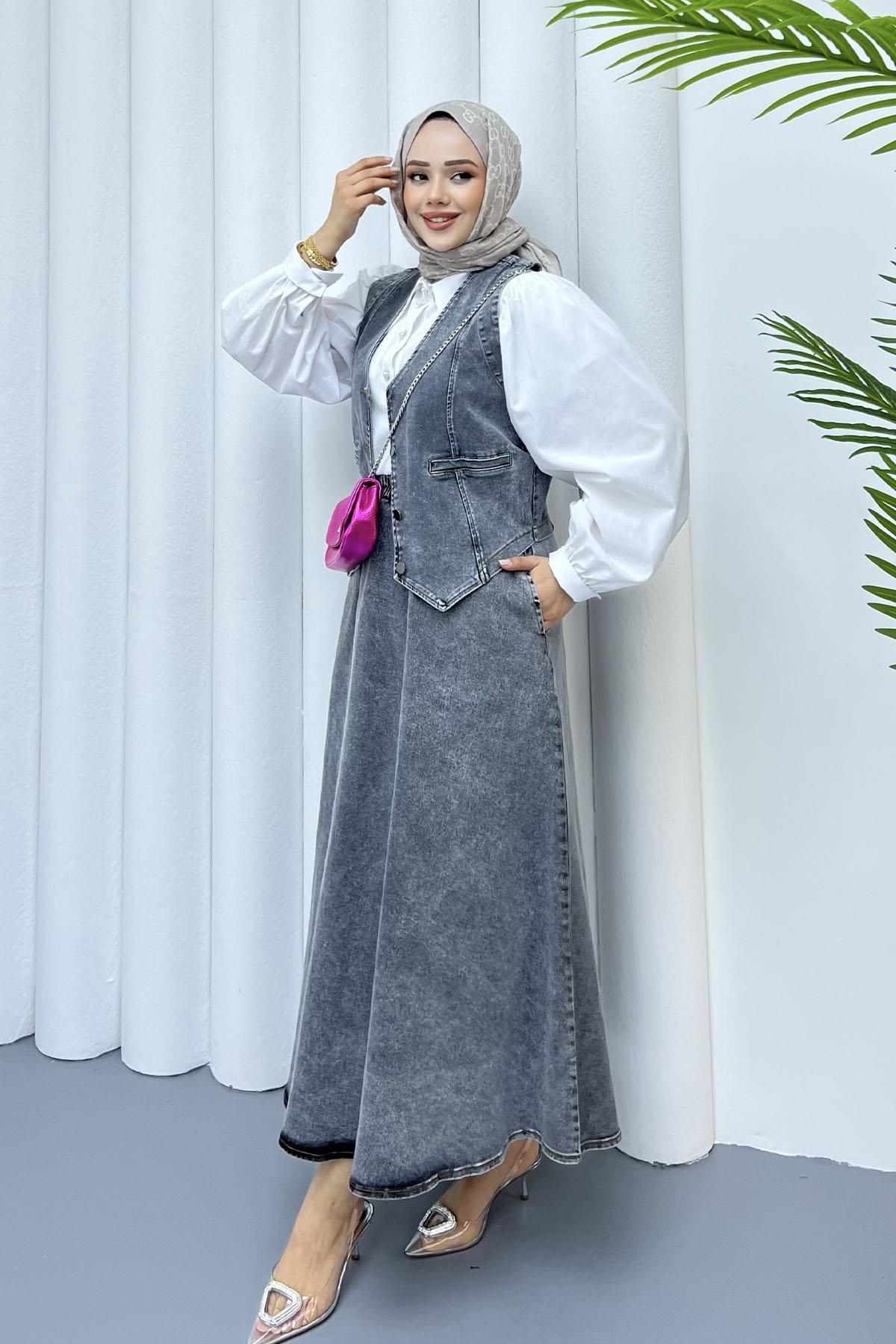 Denim Yelekli Etekli Tesettür Takım-GRİ